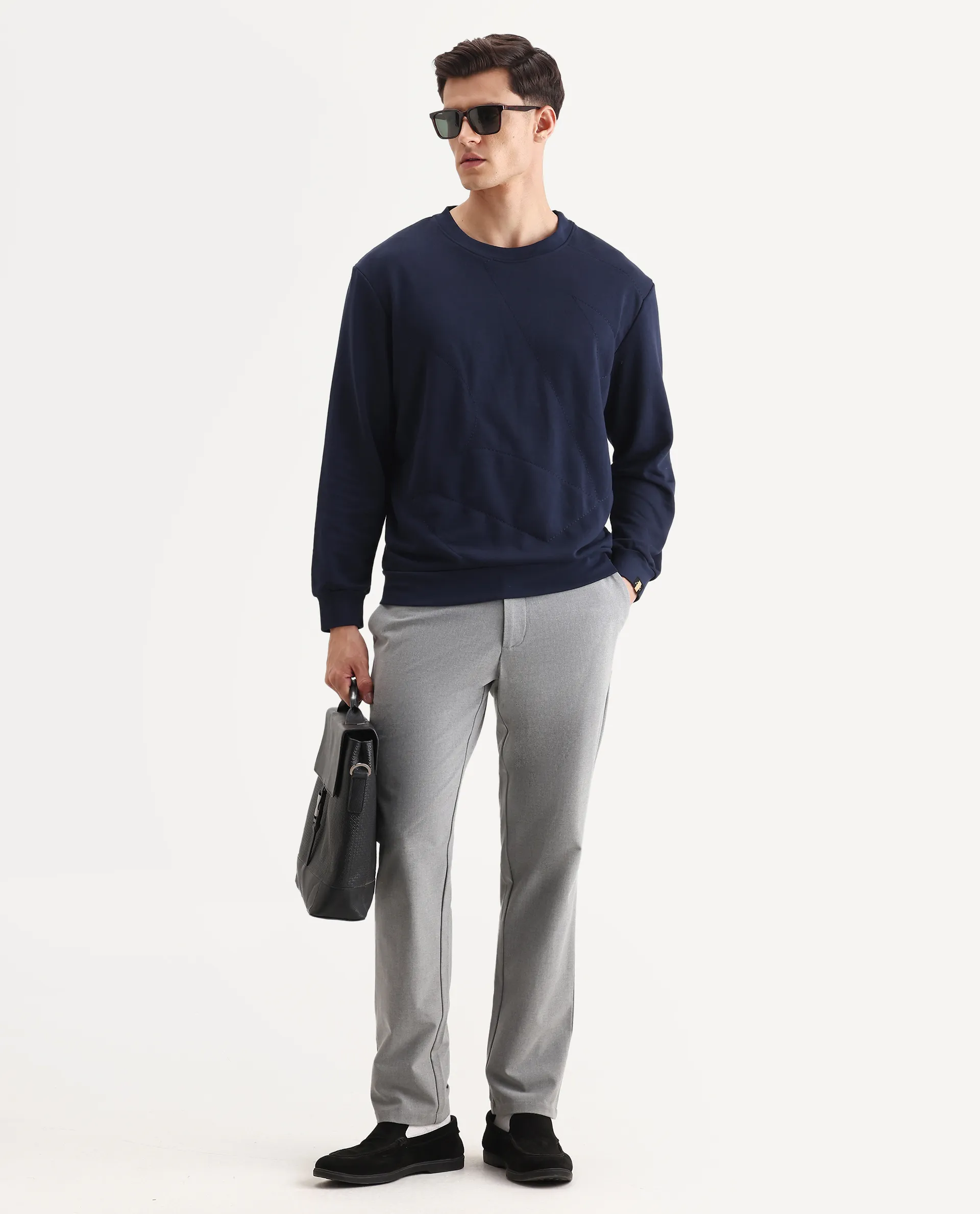 Rare Rabbit Men's Eldron Navy Cotton Embroidered Regular Fit Full Sleeve Crew Neck Sweatshirt - Image 2