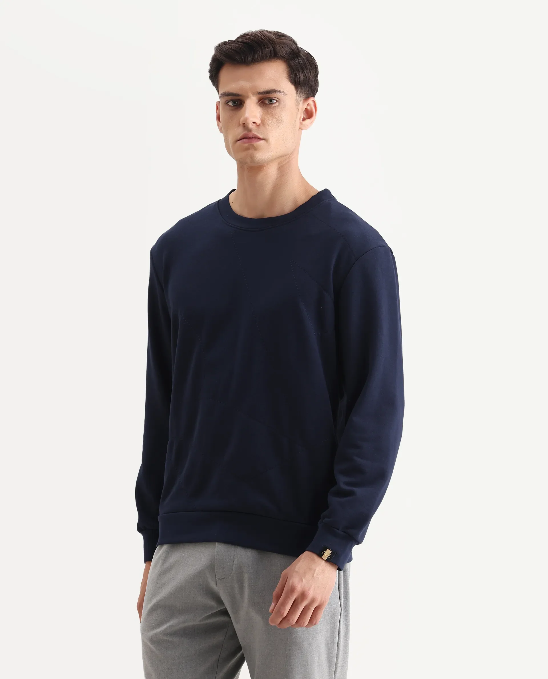 Rare Rabbit Men's Eldron Navy Cotton Embroidered Regular Fit Full Sleeve Crew Neck Sweatshirt - Image 4