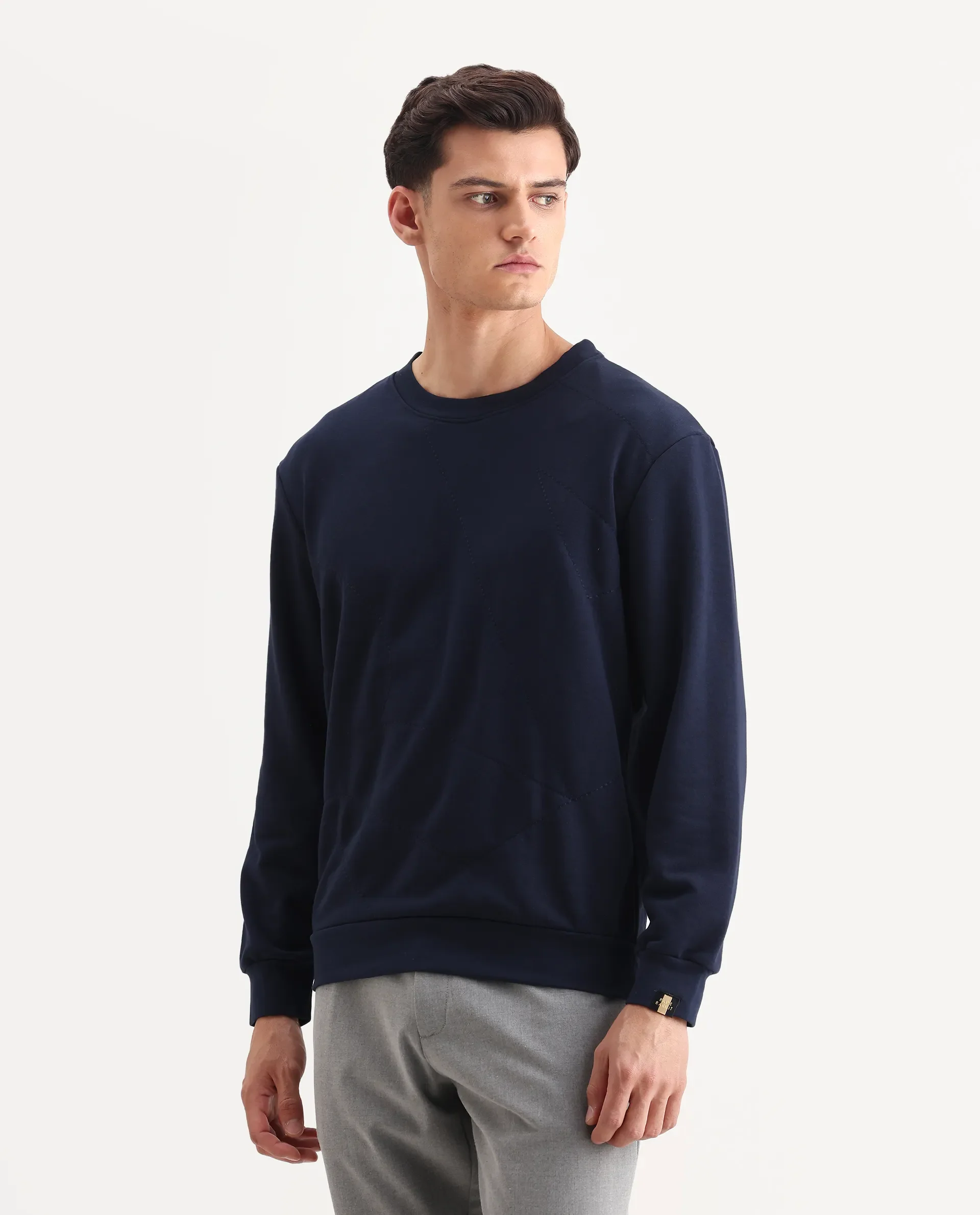Rare Rabbit Men's Eldron Navy Cotton Embroidered Regular Fit Full Sleeve Crew Neck Sweatshirt - Image 5