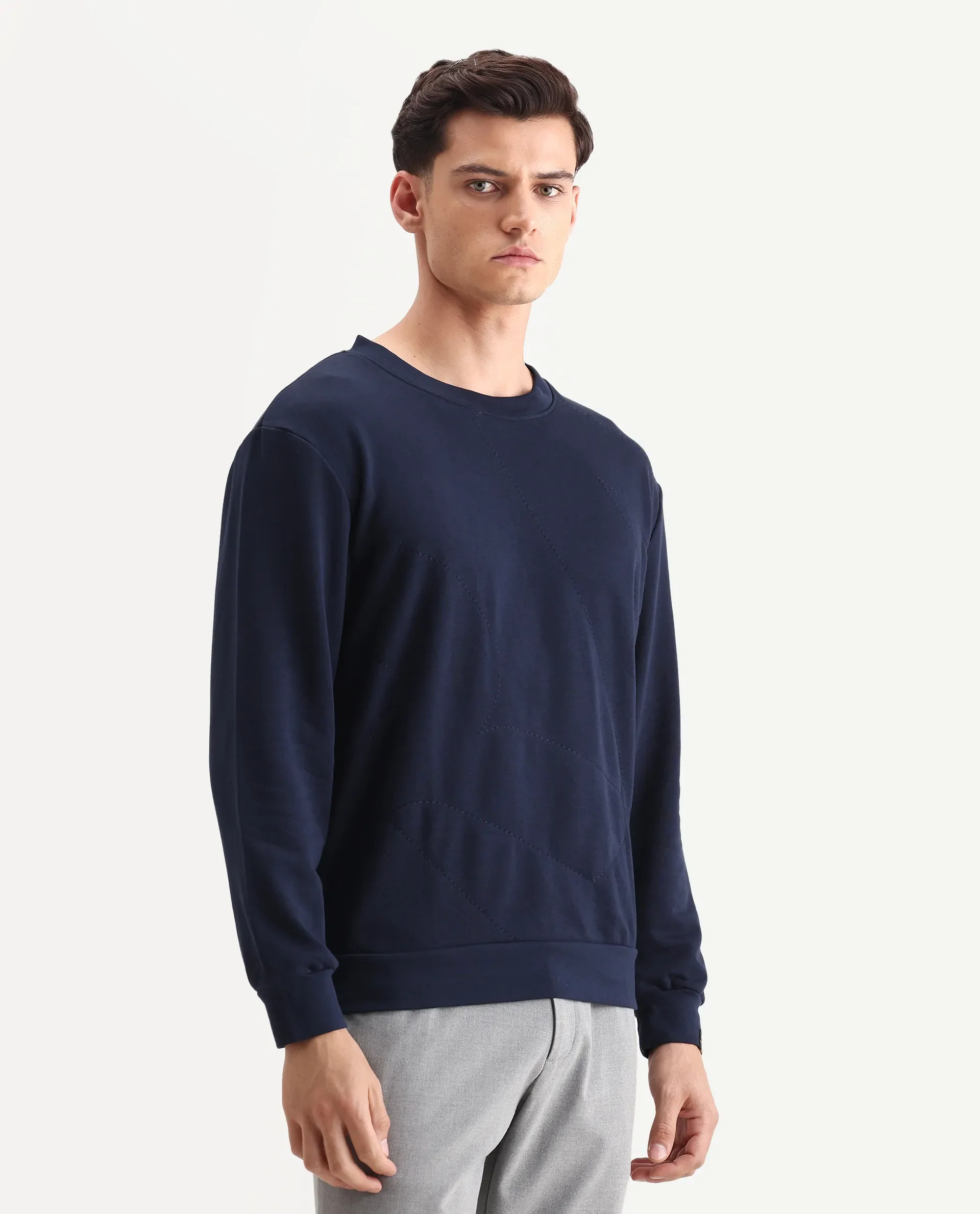 Rare Rabbit Men's Eldron Navy Cotton Embroidered Regular Fit Full Sleeve Crew Neck Sweatshirt - Image 6