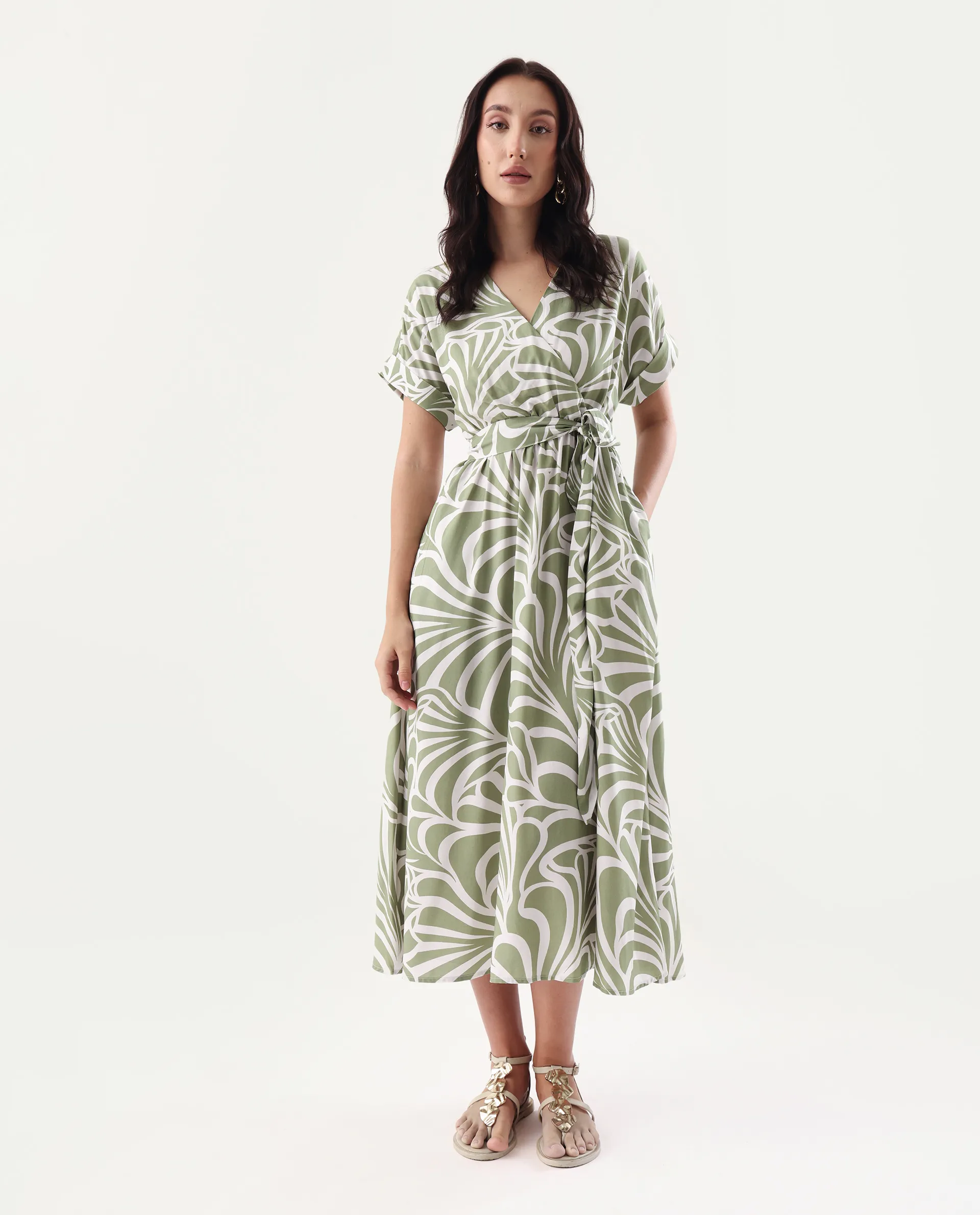 Rareism Women's Elean Olive Viscose Overlap Neck Flared Printed Midi Dress - Image 2