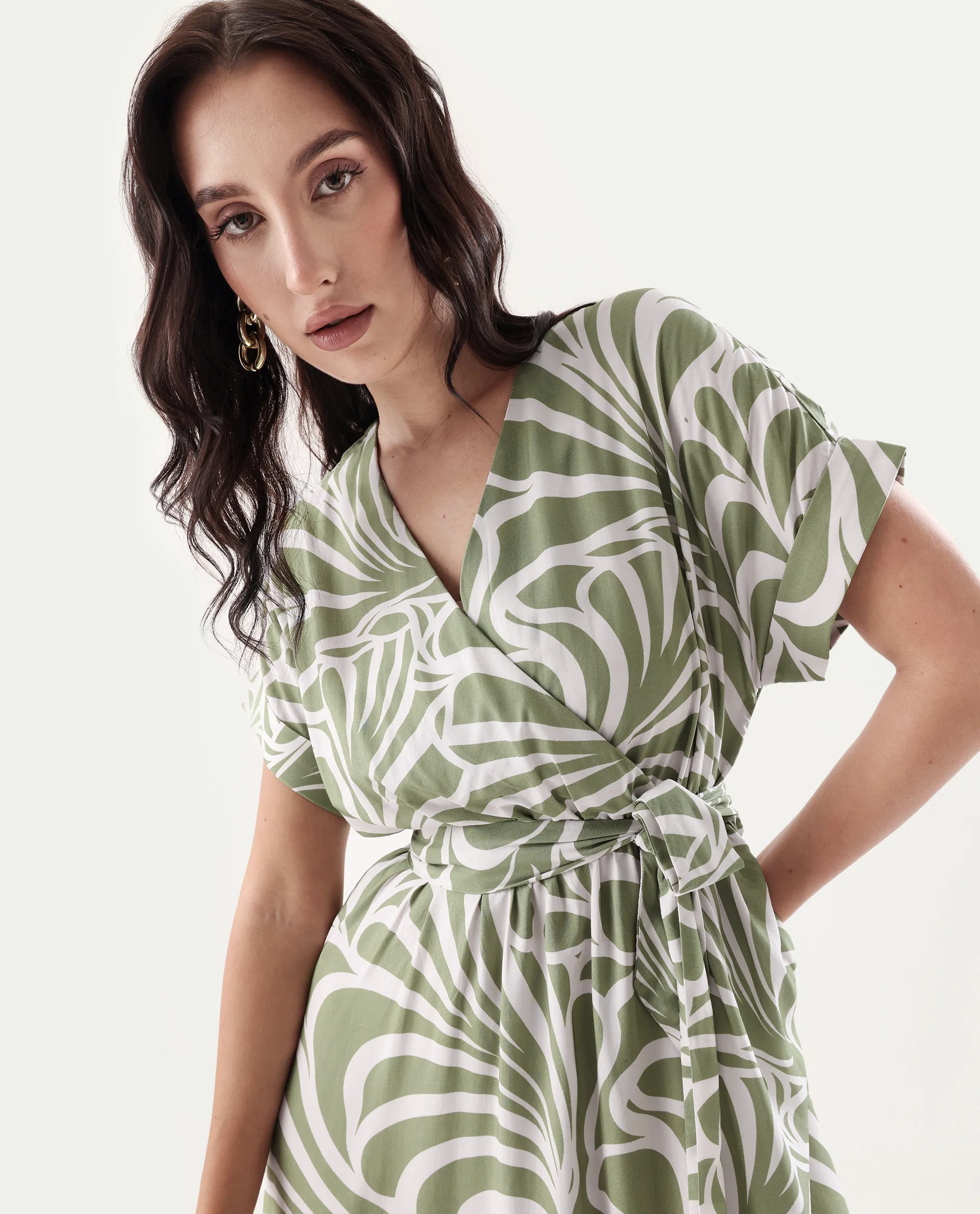 Rareism Women's Elean Olive Viscose Overlap Neck Flared Printed Midi Dress - Image 3