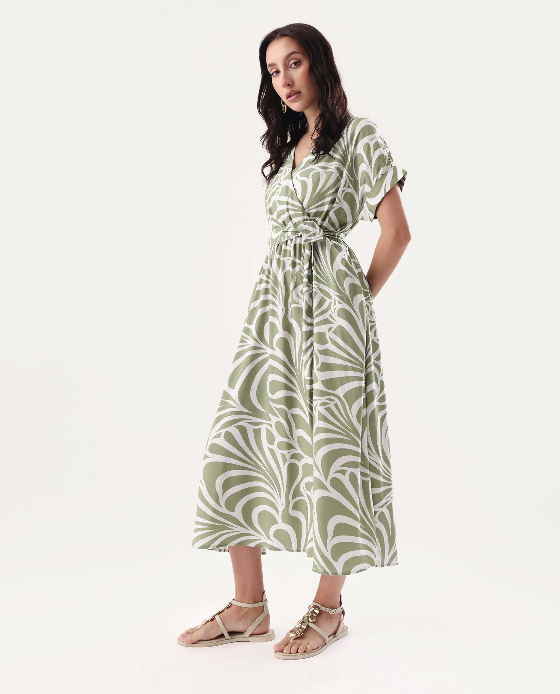 Rareism Women's Elean Olive Viscose Overlap Neck Flared Printed Midi Dress - Image 6