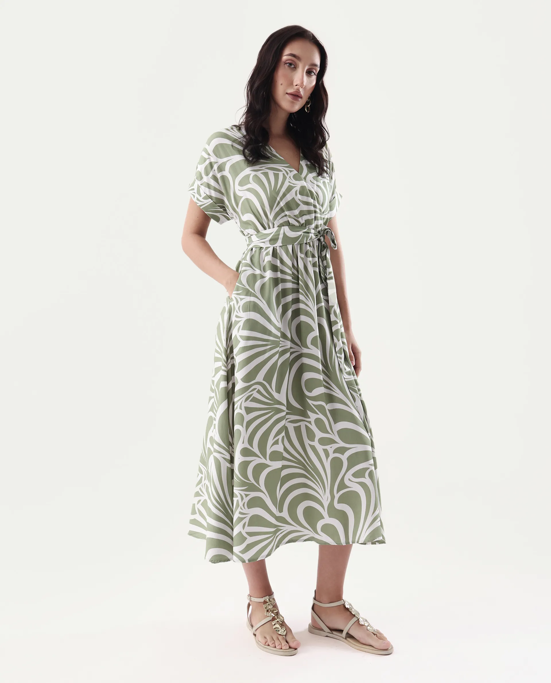Rareism Women's Elean Olive Viscose Overlap Neck Flared Printed Midi Dress - Image 7