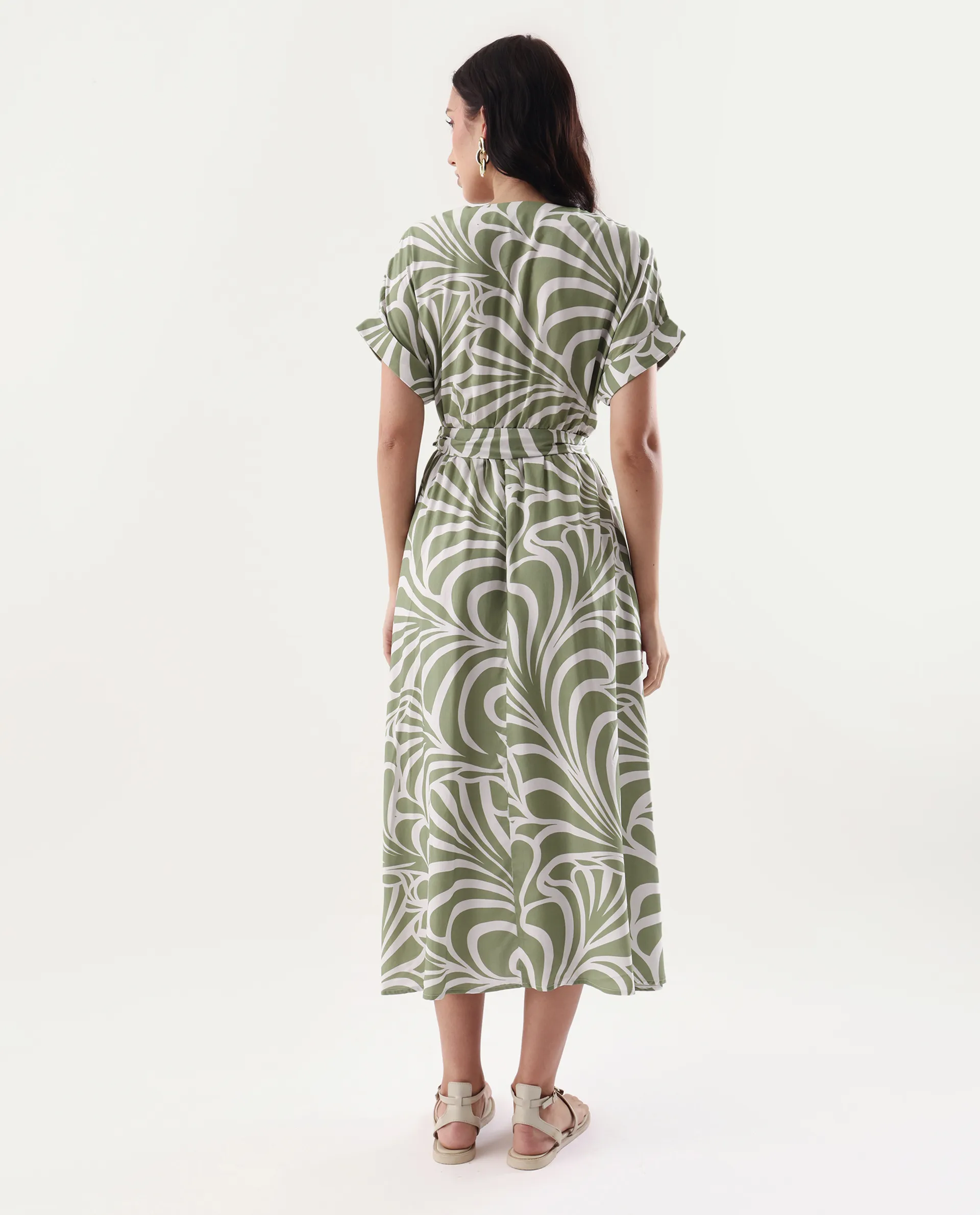 Rareism Women's Elean Olive Viscose Overlap Neck Flared Printed Midi Dress - Image 8