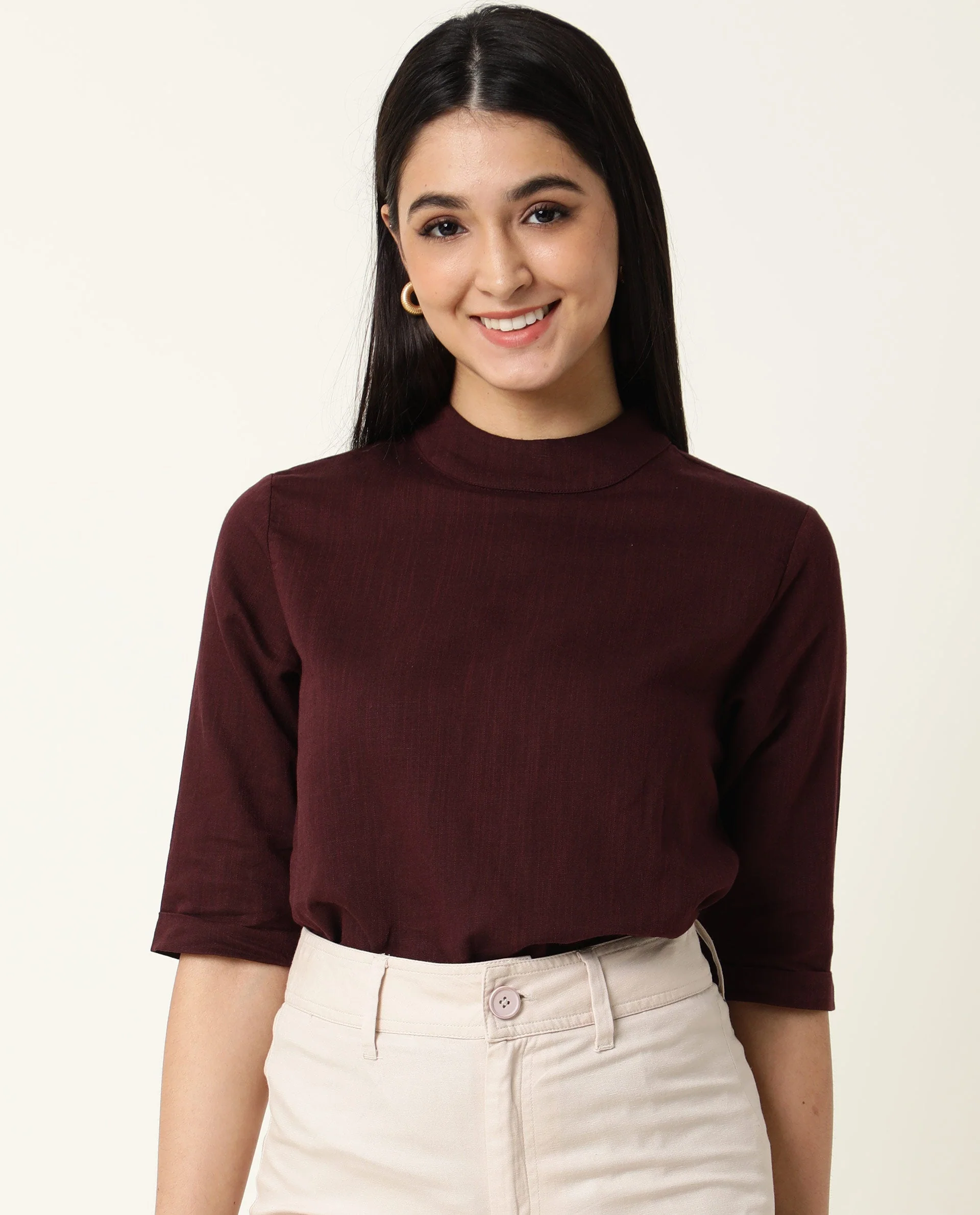 Rareism Womens Eleanor Maroon Top Cotton Linen Fabric Regular Fit Full Sleeve High Neck
