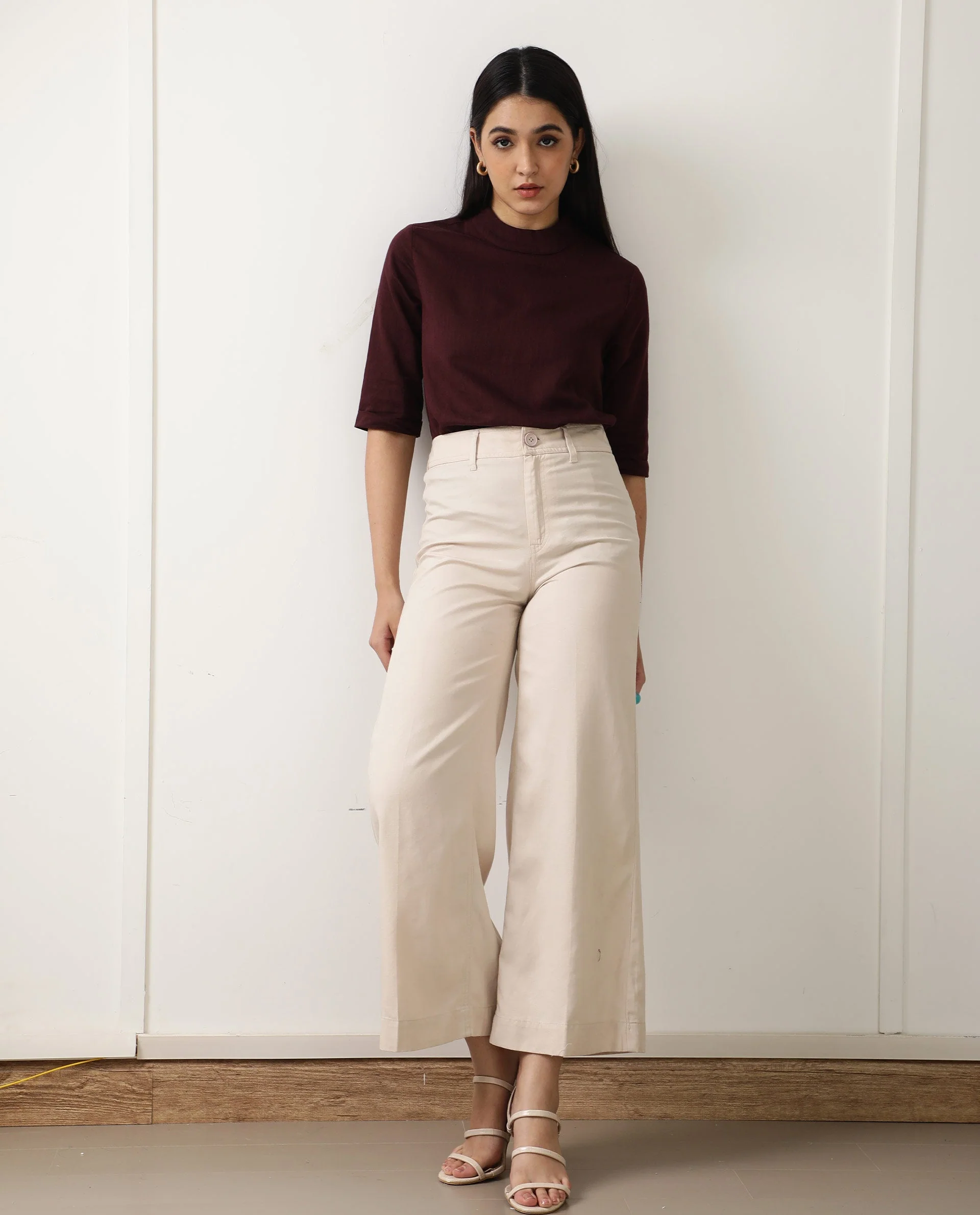 Rareism Womens Eleanor Maroon Top Cotton Linen Fabric Regular Fit Full Sleeve High Neck - Image 2