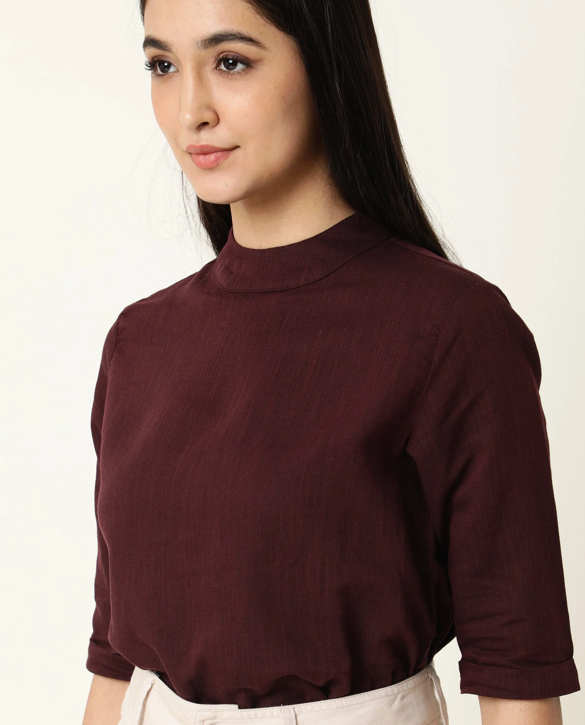 Rareism Womens Eleanor Maroon Top Cotton Linen Fabric Regular Fit Full Sleeve High Neck - Image 3