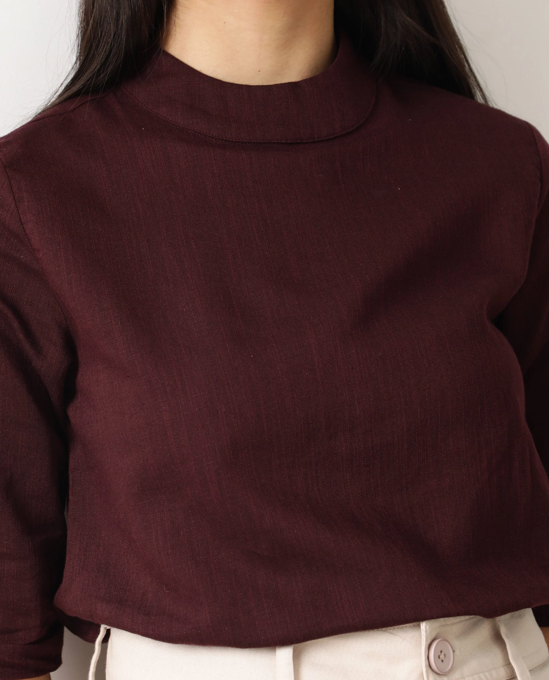 Rareism Womens Eleanor Maroon Top Cotton Linen Fabric Regular Fit Full Sleeve High Neck - Image 4