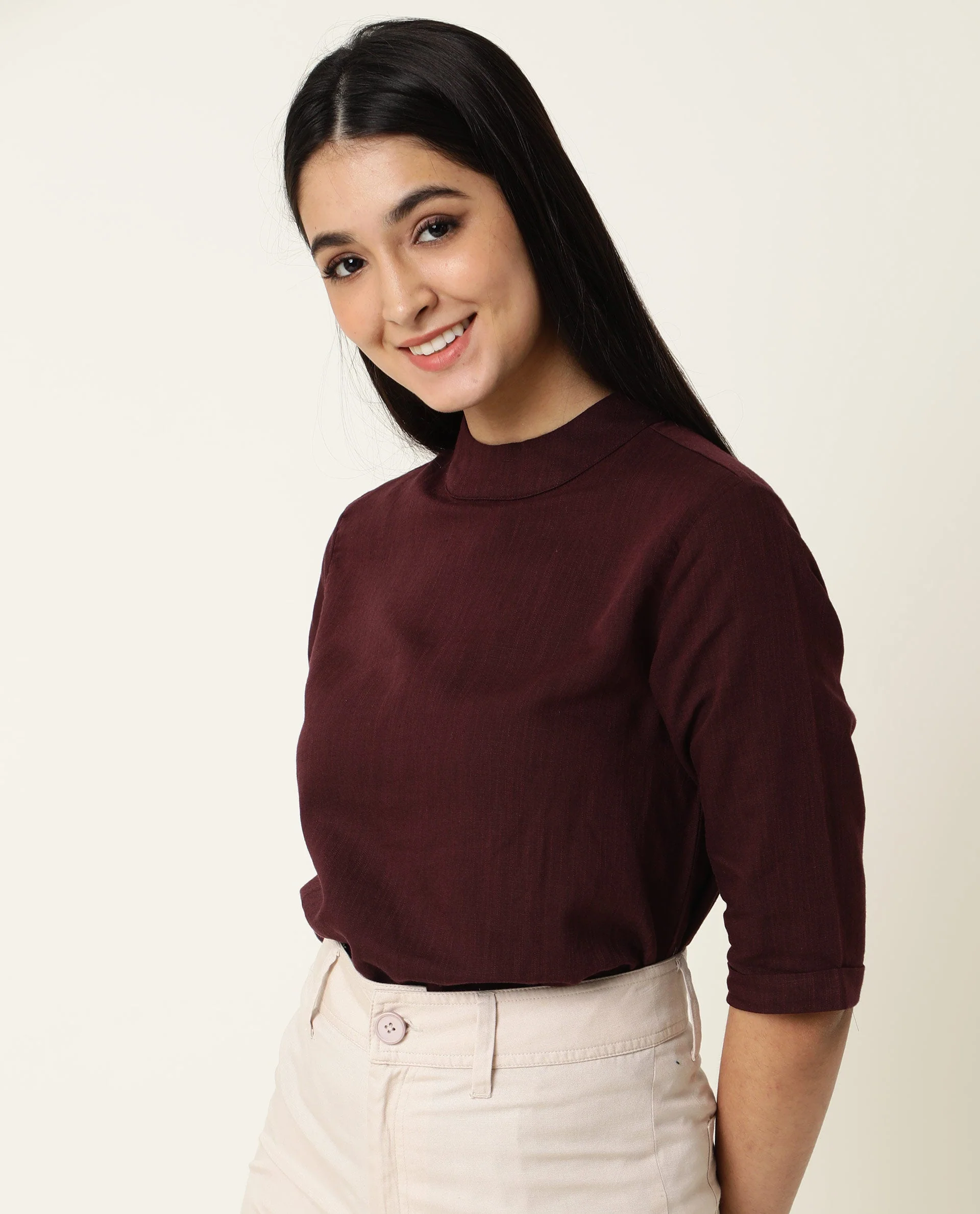 Rareism Womens Eleanor Maroon Top Cotton Linen Fabric Regular Fit Full Sleeve High Neck - Image 5