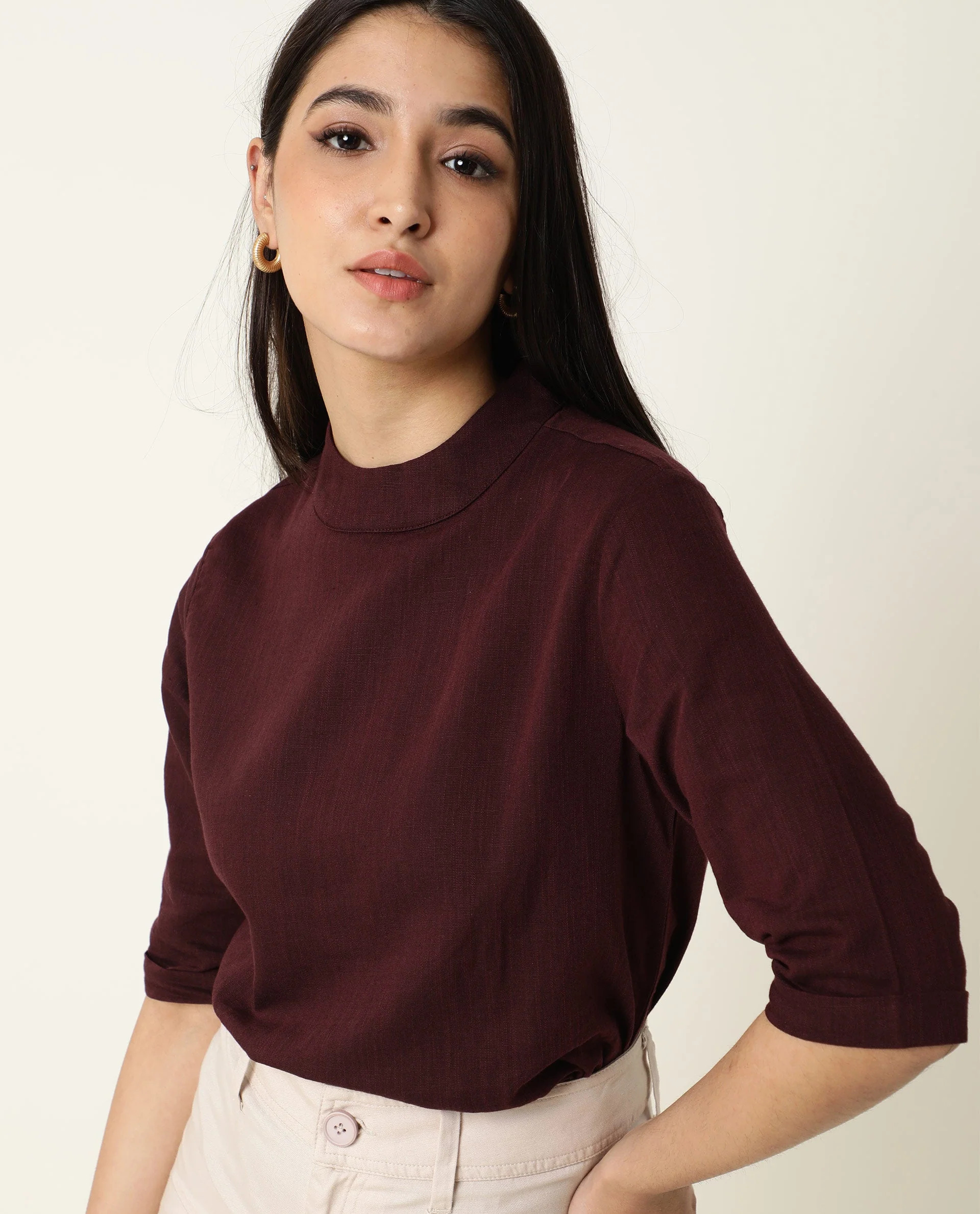 Rareism Womens Eleanor Maroon Top Cotton Linen Fabric Regular Fit Full Sleeve High Neck - Image 6