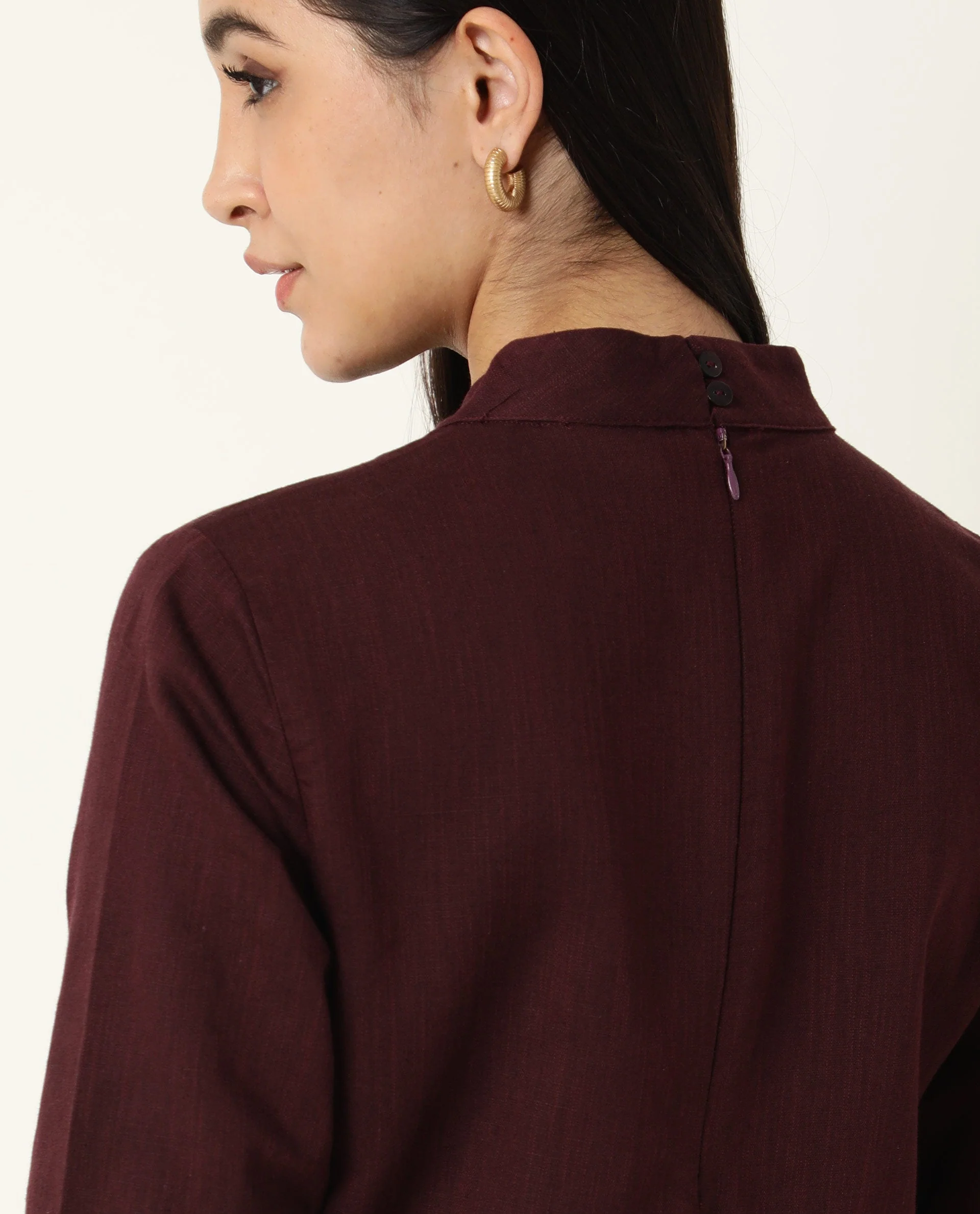 Rareism Womens Eleanor Maroon Top Cotton Linen Fabric Regular Fit Full Sleeve High Neck - Image 7