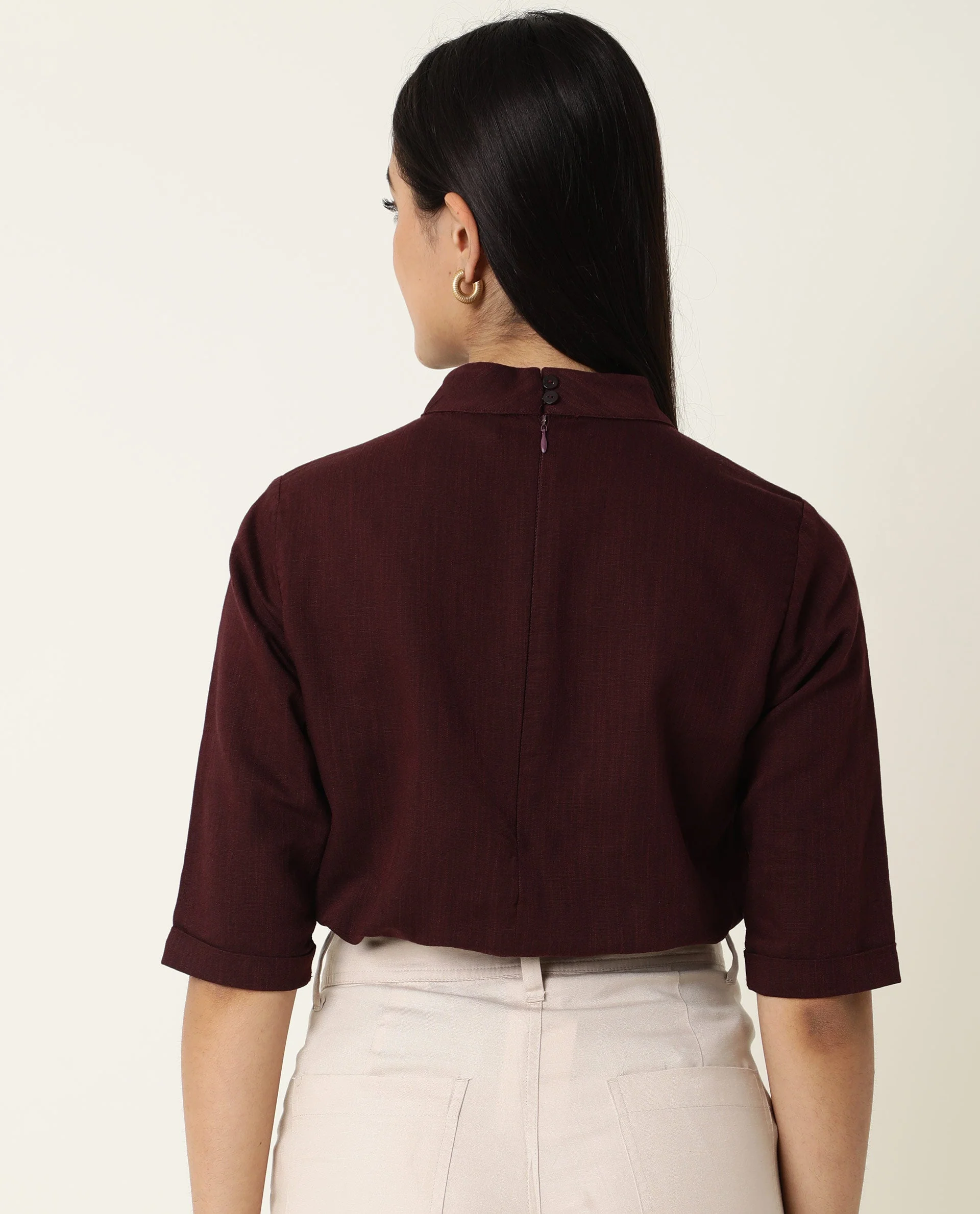 Rareism Womens Eleanor Maroon Top Cotton Linen Fabric Regular Fit Full Sleeve High Neck - Image 8