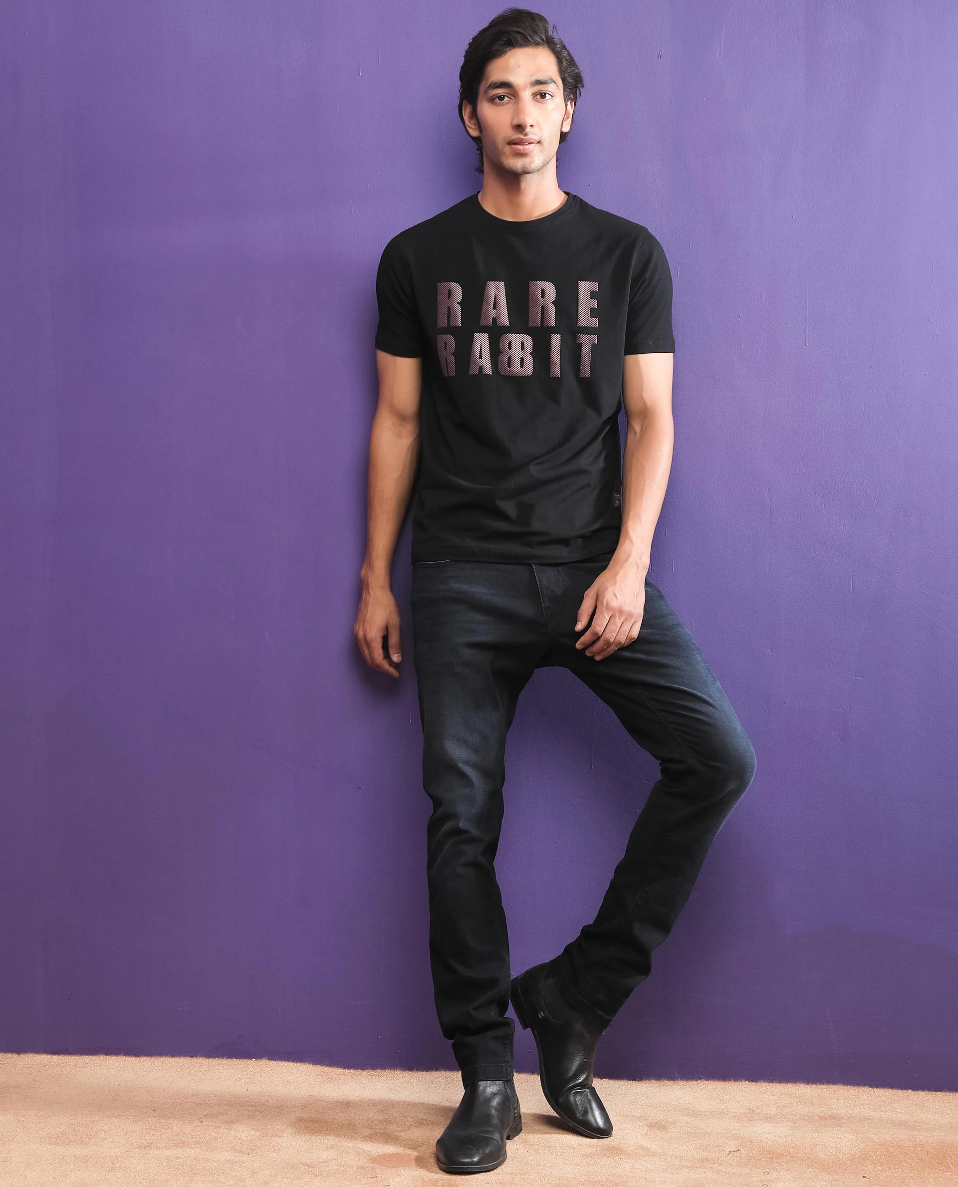 Rare Rabbit Men's Electricc Black Cotton Graphic Print Slim Fit Half Sleeve Crew Neck T-Shirt - Image 2