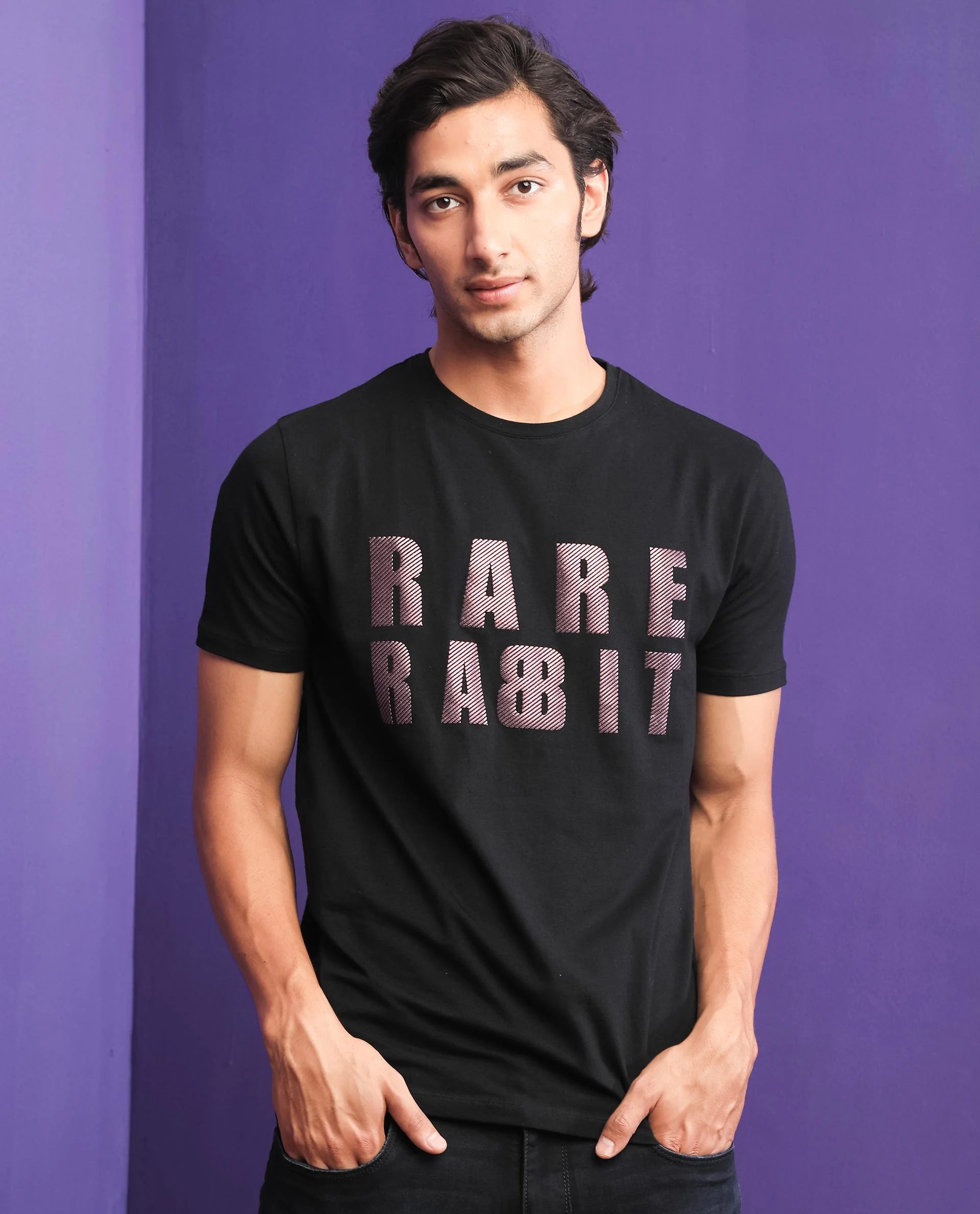 Rare Rabbit Men's Electricc Black Cotton Graphic Print Slim Fit Half Sleeve Crew Neck T-Shirt - Image 3