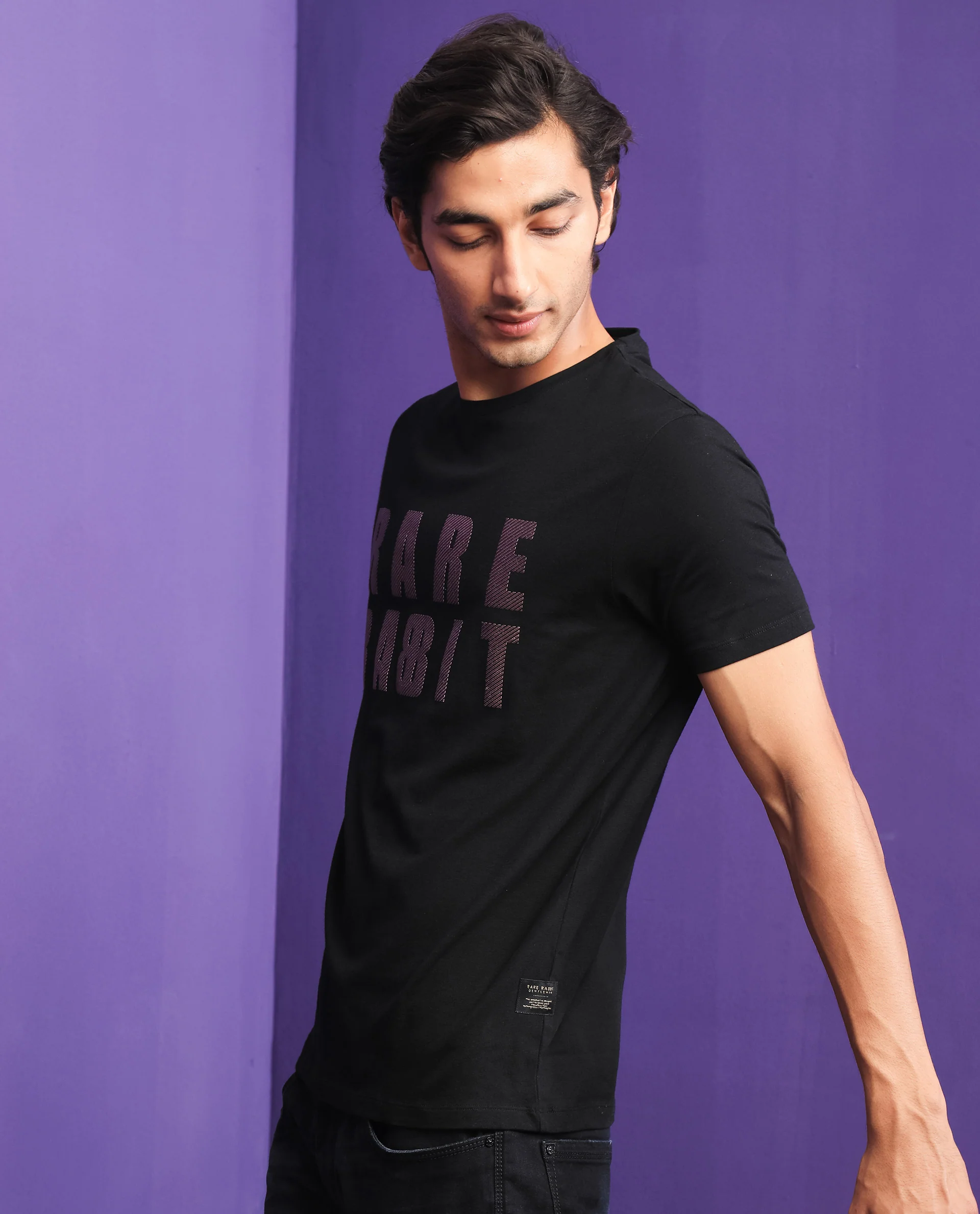 Rare Rabbit Men's Electricc Black Cotton Graphic Print Slim Fit Half Sleeve Crew Neck T-Shirt - Image 4