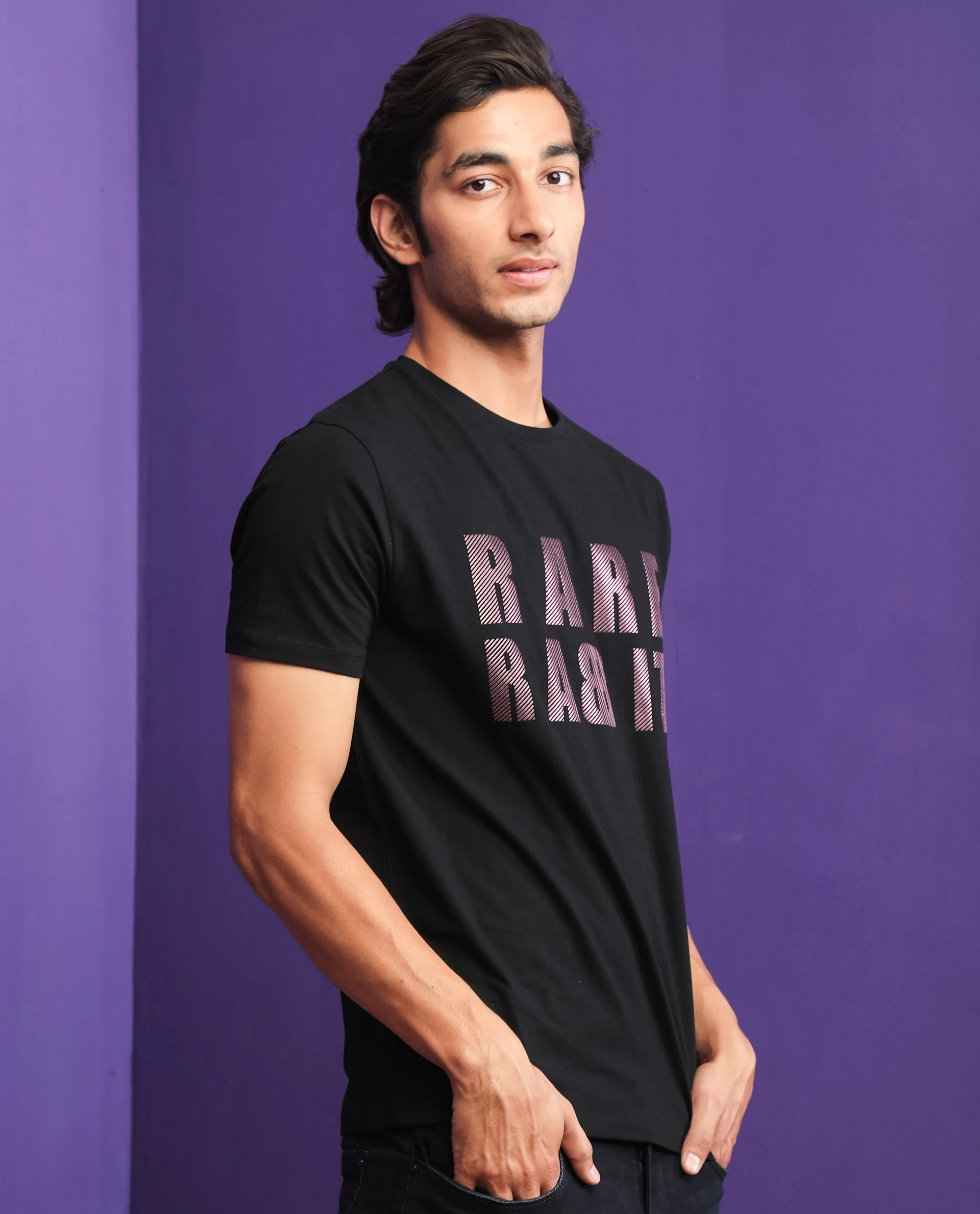 Rare Rabbit Men's Electricc Black Cotton Graphic Print Slim Fit Half Sleeve Crew Neck T-Shirt - Image 5