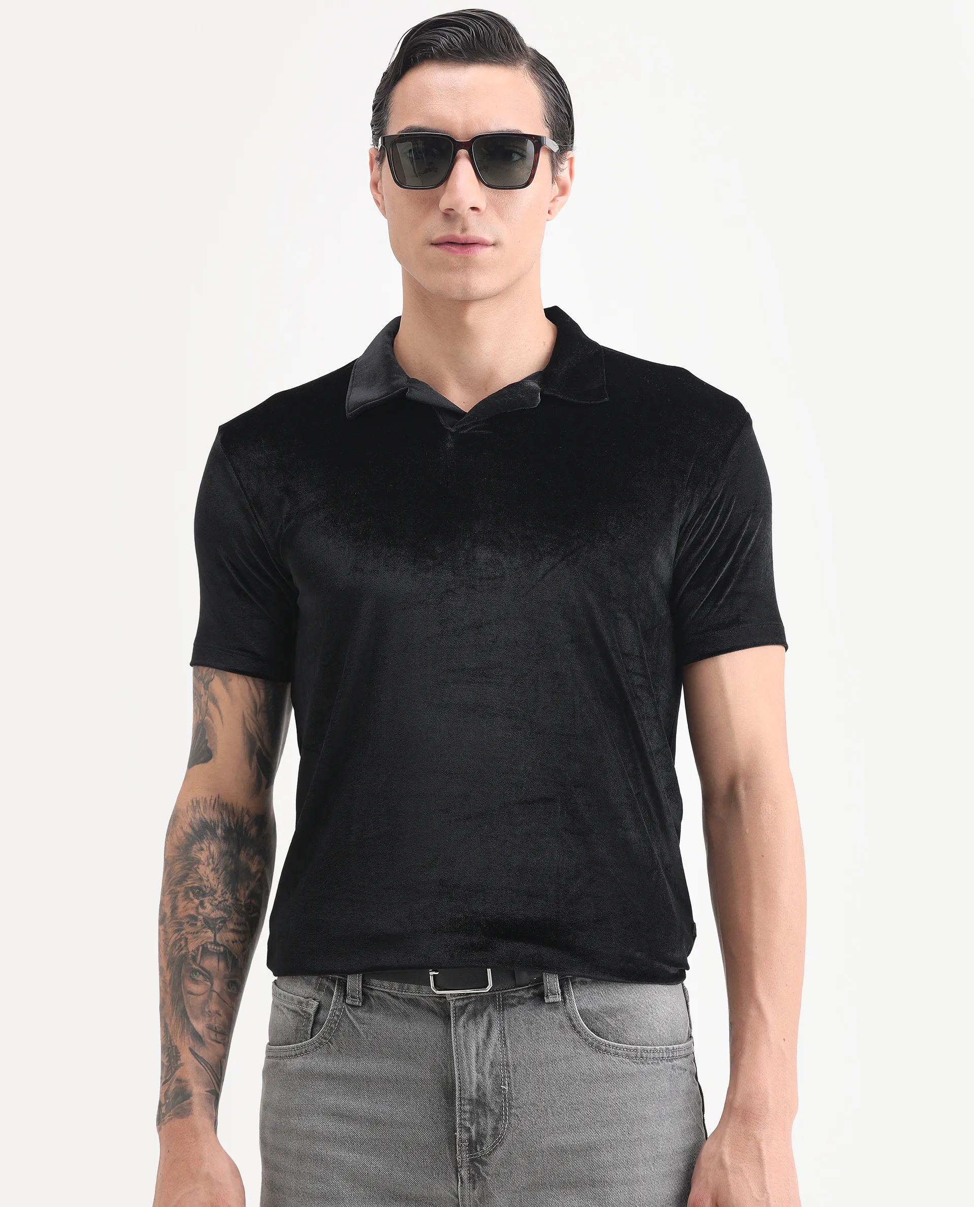 Rare Rabbit Men's Electro Black Velvet Plain Regular Fit Half Sleeve Polo