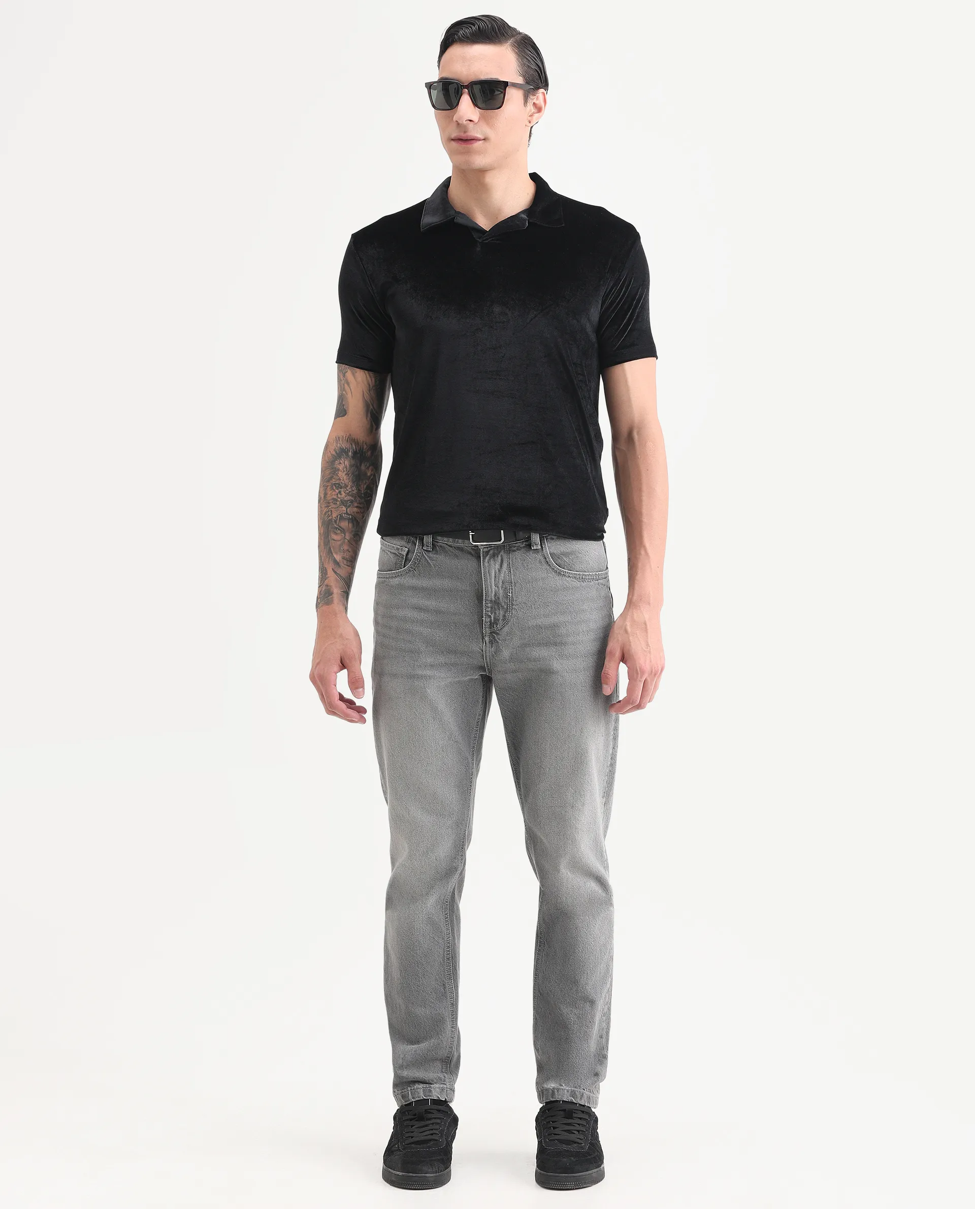 Rare Rabbit Men's Electro Black Velvet Plain Regular Fit Half Sleeve Polo - Image 2