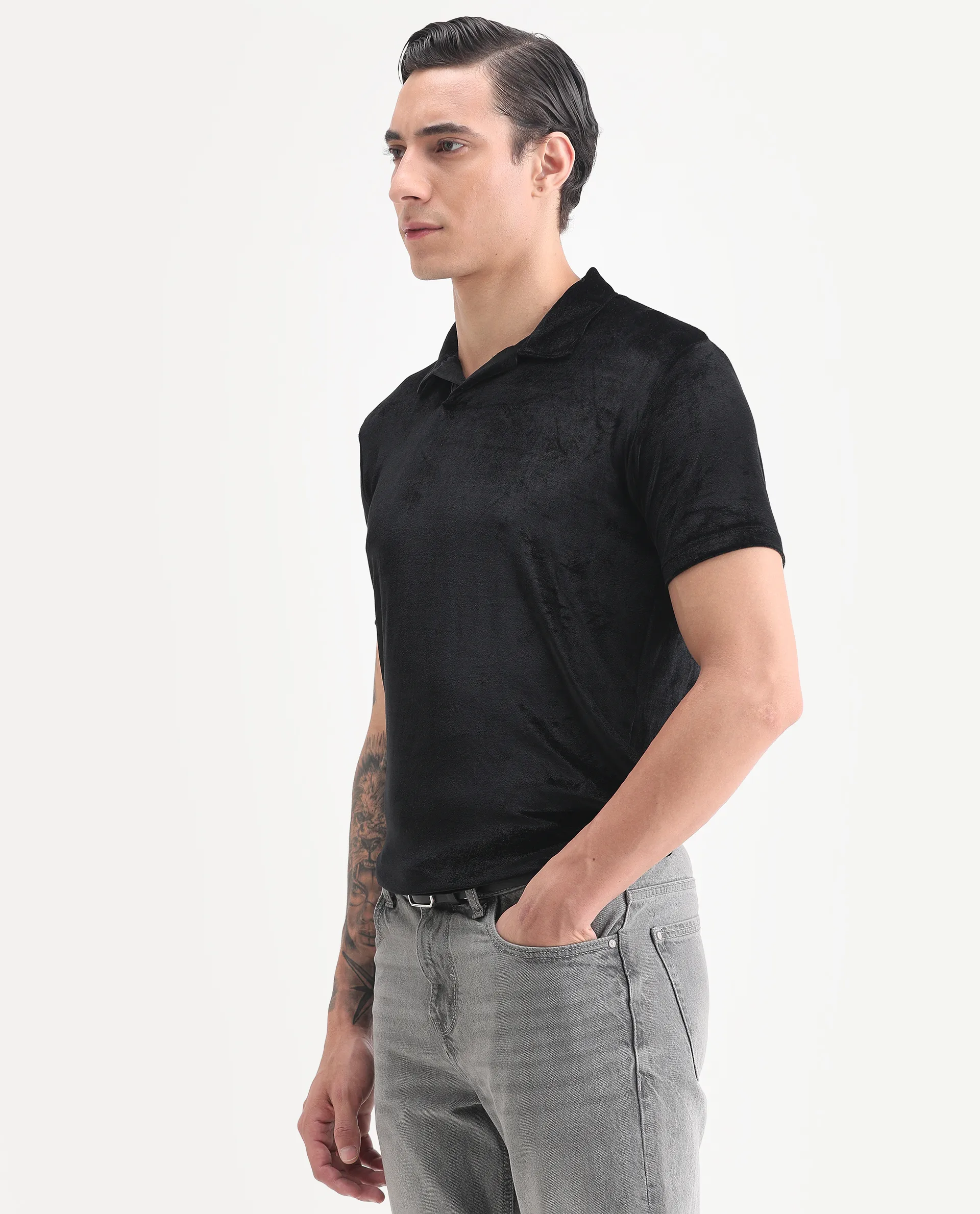 Rare Rabbit Men's Electro Black Velvet Plain Regular Fit Half Sleeve Polo - Image 4