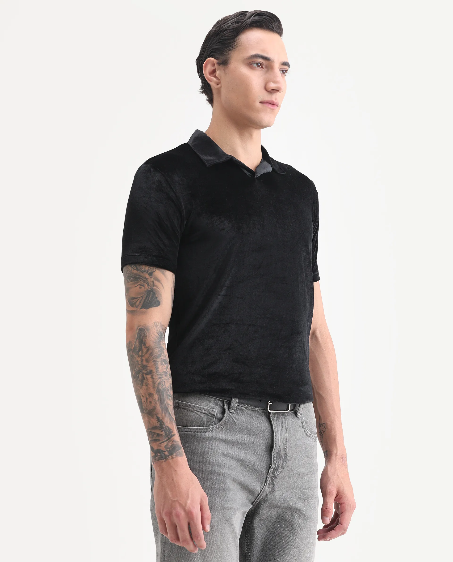 Rare Rabbit Men's Electro Black Velvet Plain Regular Fit Half Sleeve Polo - Image 5
