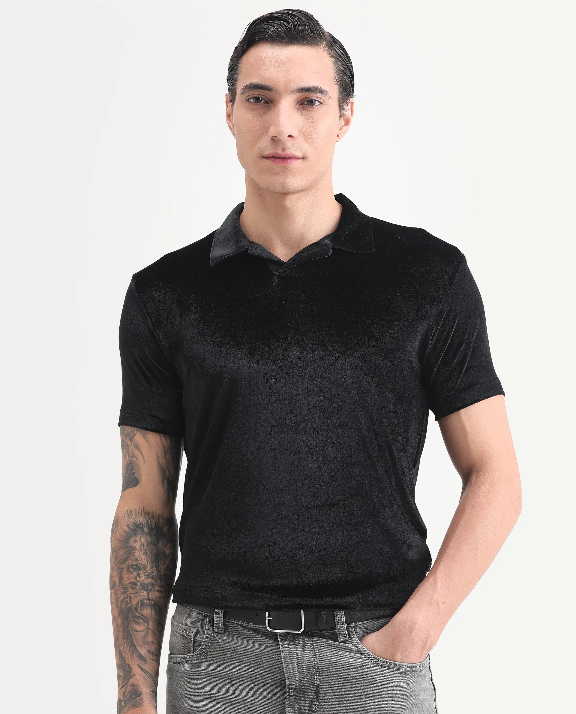 Rare Rabbit Men's Electro Black Velvet Plain Regular Fit Half Sleeve Polo - Image 6