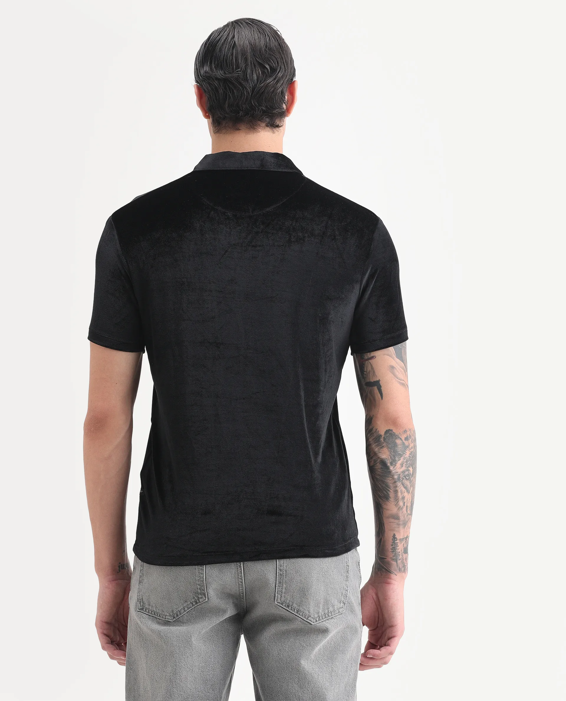 Rare Rabbit Men's Electro Black Velvet Plain Regular Fit Half Sleeve Polo - Image 7