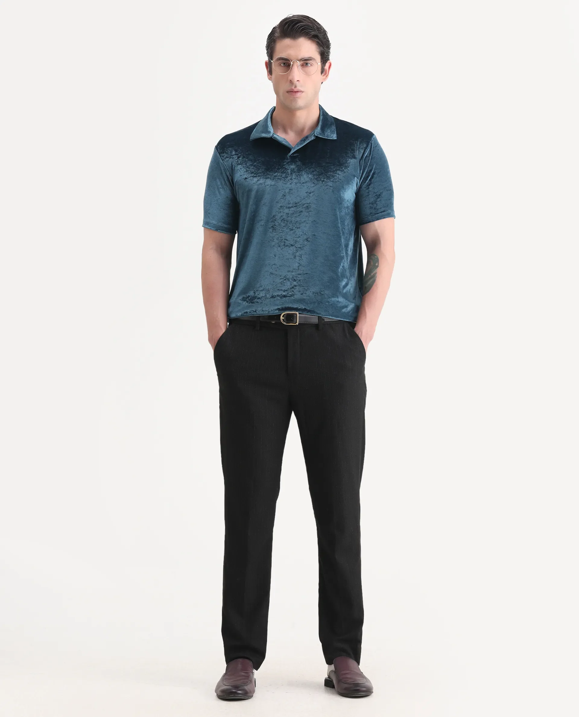 Rare Rabbit Men's Electro Teal Velvet Plain Regular Fit Half Sleeve Polo - Image 2