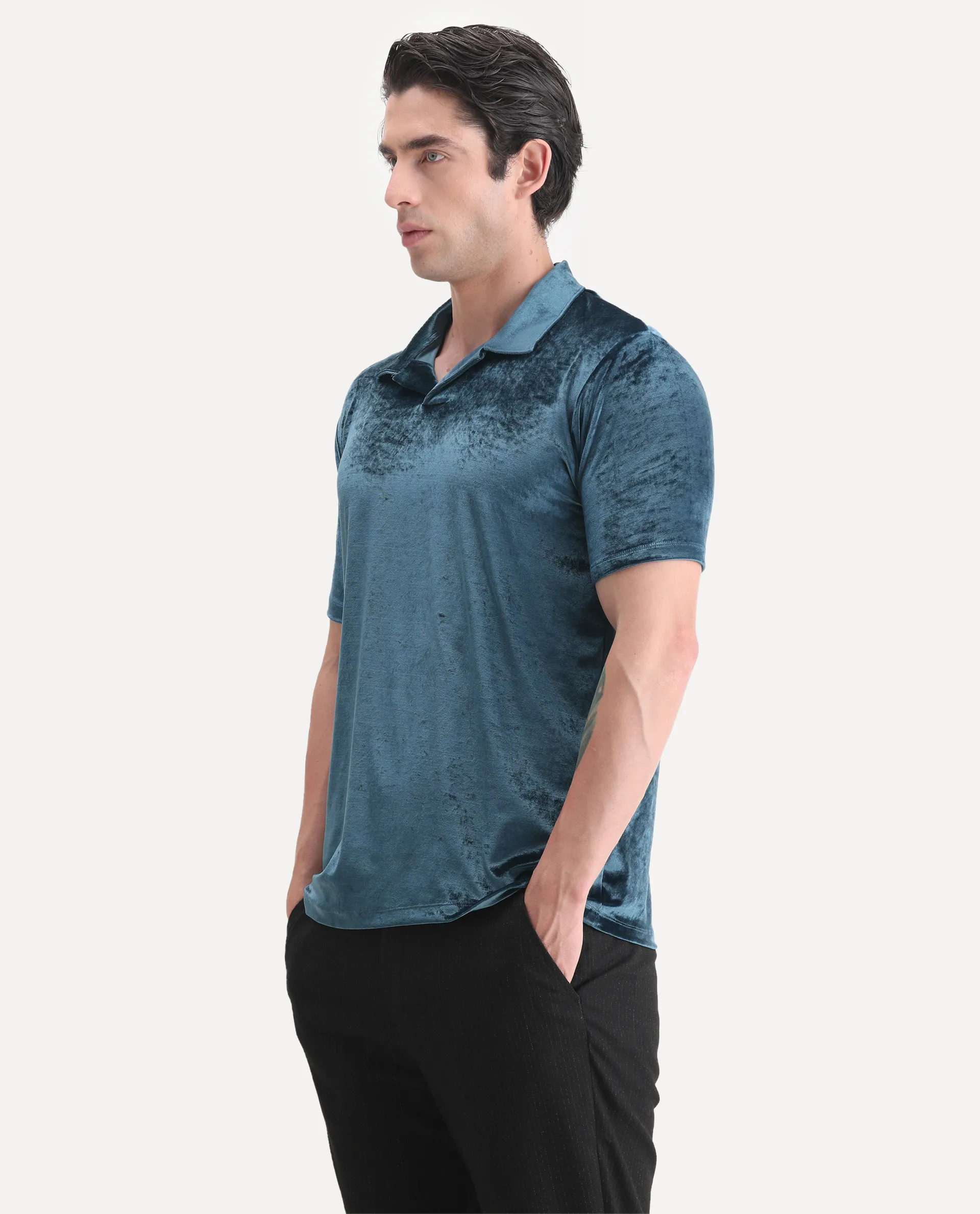 Rare Rabbit Men's Electro Teal Velvet Plain Regular Fit Half Sleeve Polo - Image 5
