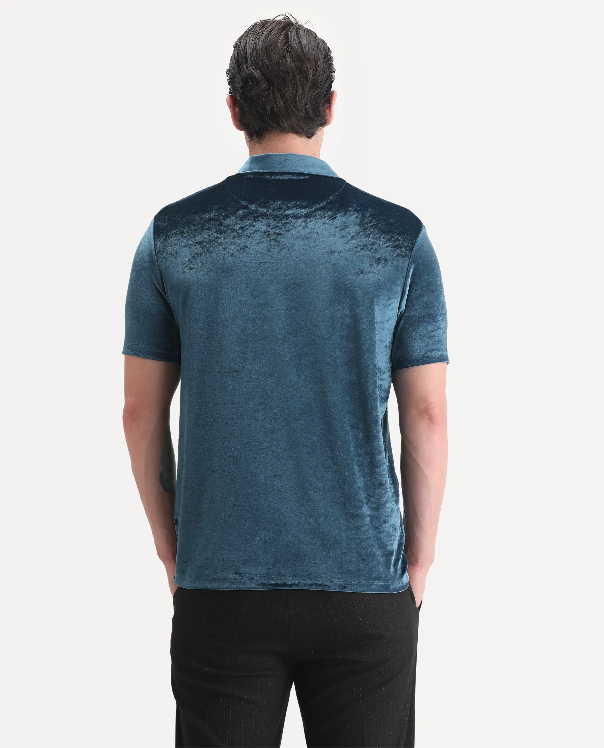 Rare Rabbit Men's Electro Teal Velvet Plain Regular Fit Half Sleeve Polo - Image 6