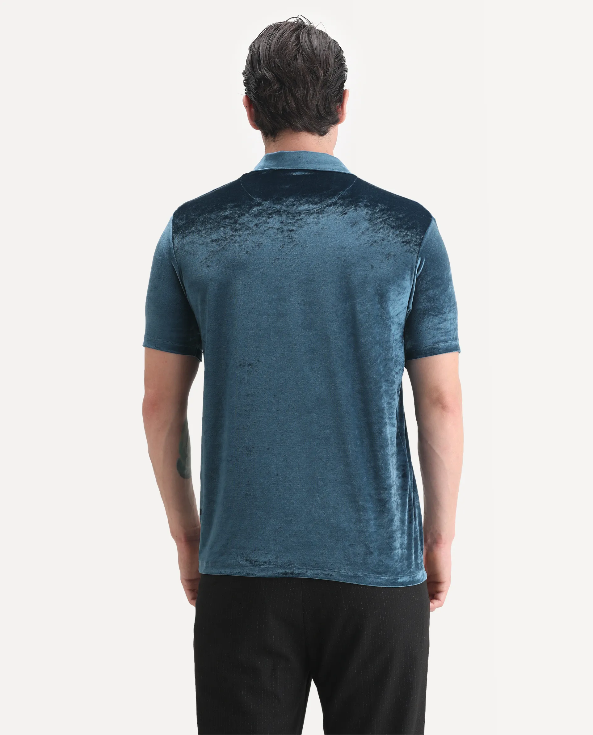 Rare Rabbit Men's Electro Teal Velvet Plain Regular Fit Half Sleeve Polo - Image 7