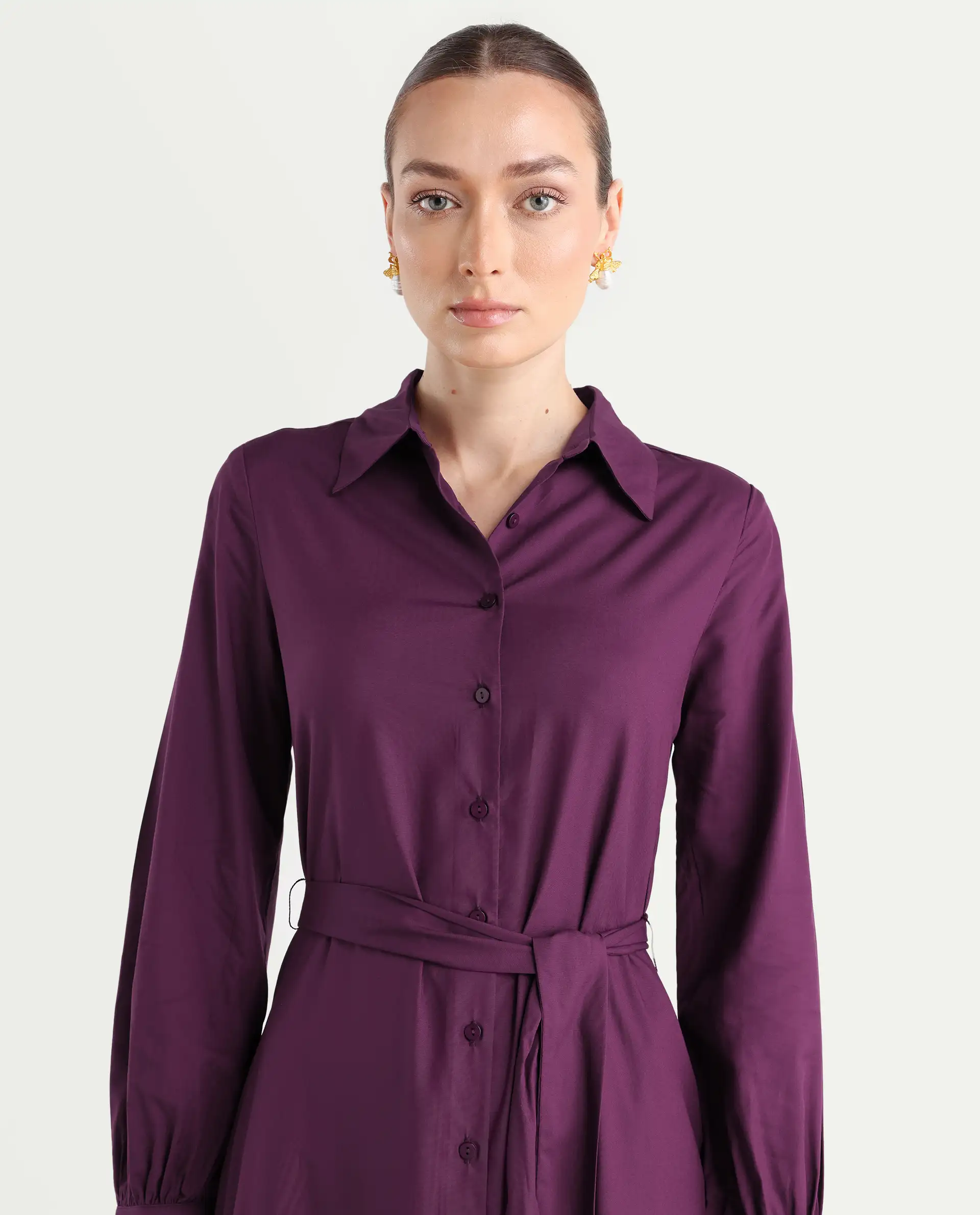 Rareism Women's Eleia Maroon Viscose Collared Neck A-Line Plain Midi Dress - Image 4