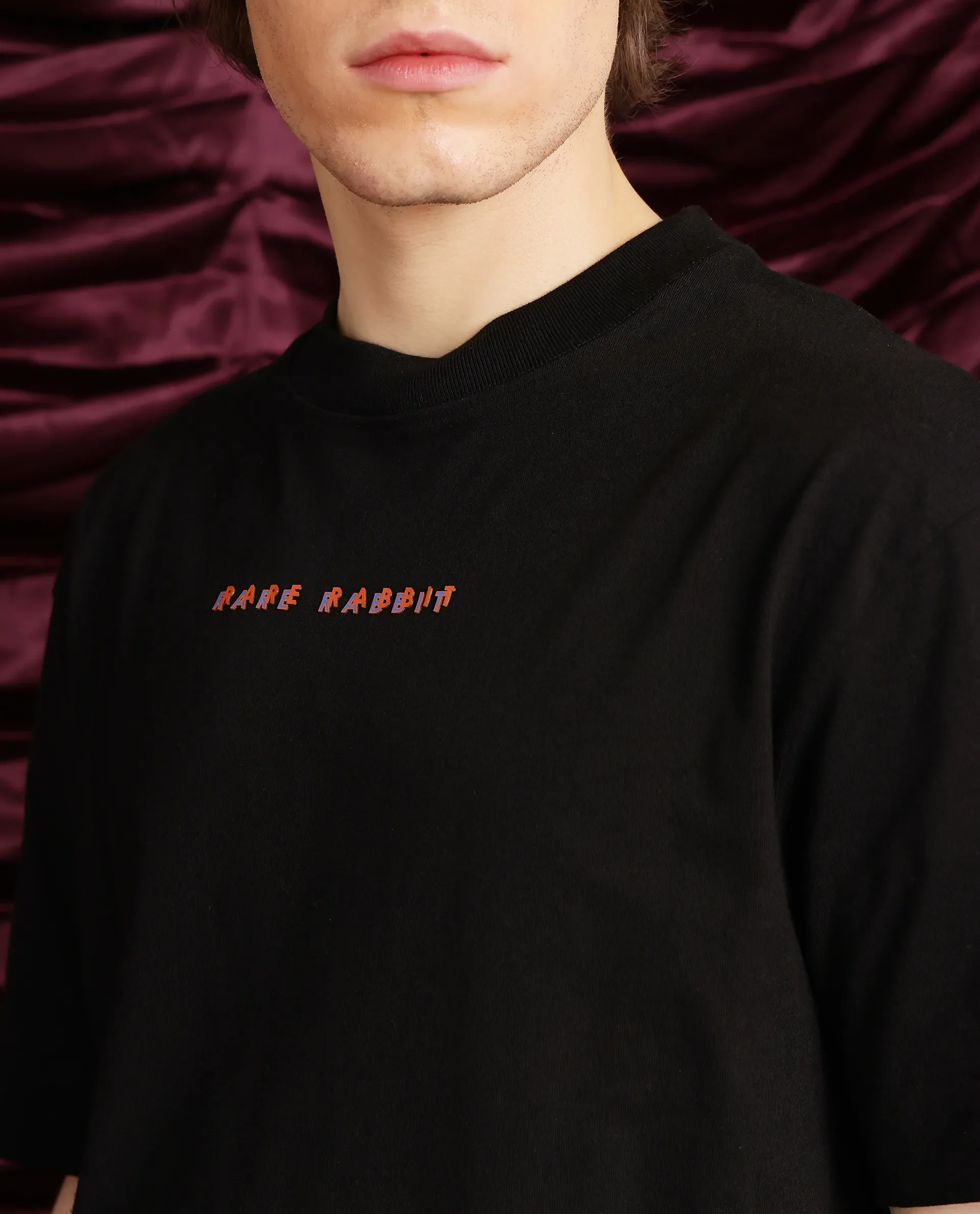 Rare Rabbit Men's Elep Black Cotton Graphic Print Oversized Fit Half Sleeve Crew Neck T-Shirt - Image 4