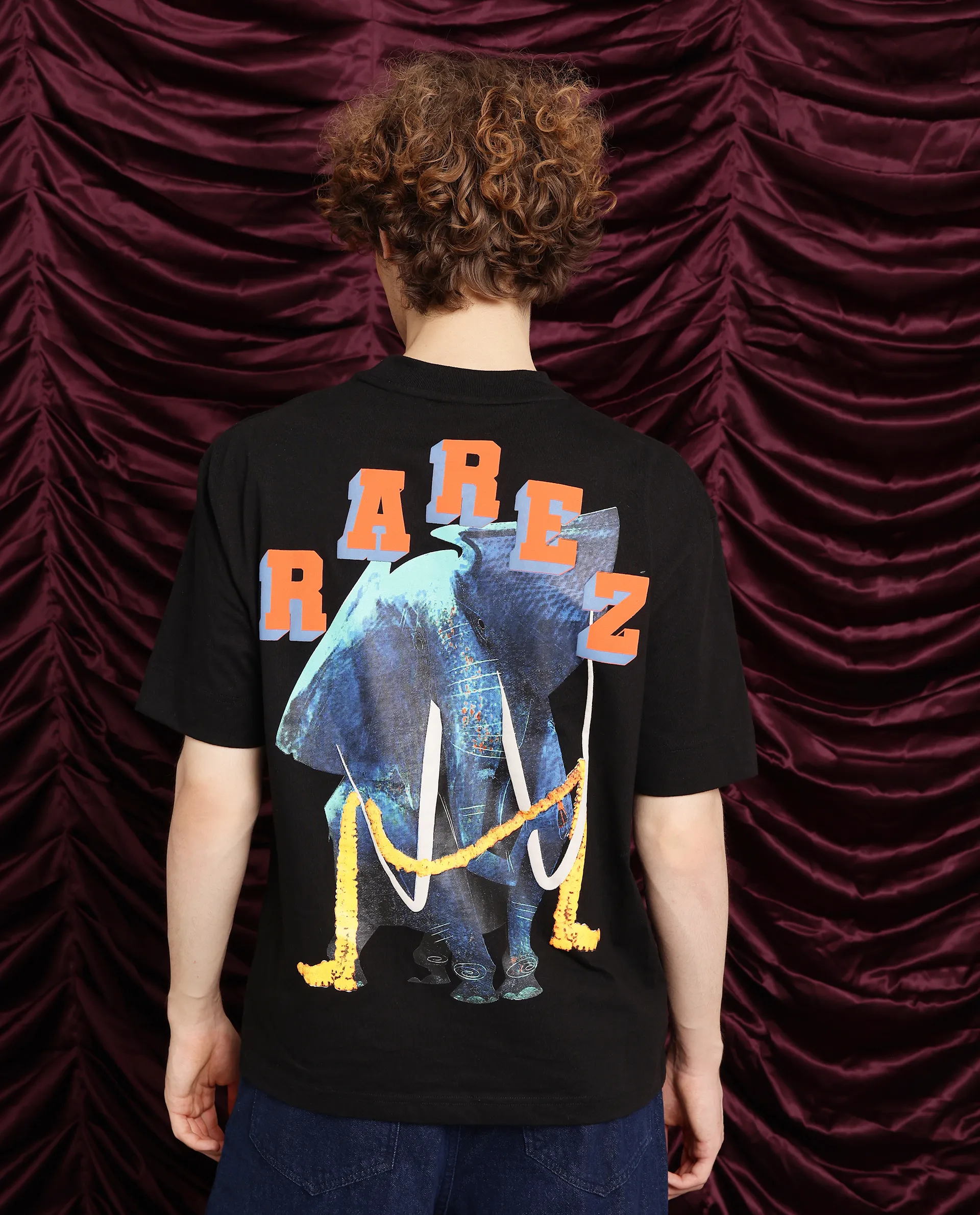Rare Rabbit Men's Elep Black Cotton Graphic Print Oversized Fit Half Sleeve Crew Neck T-Shirt - Image 5