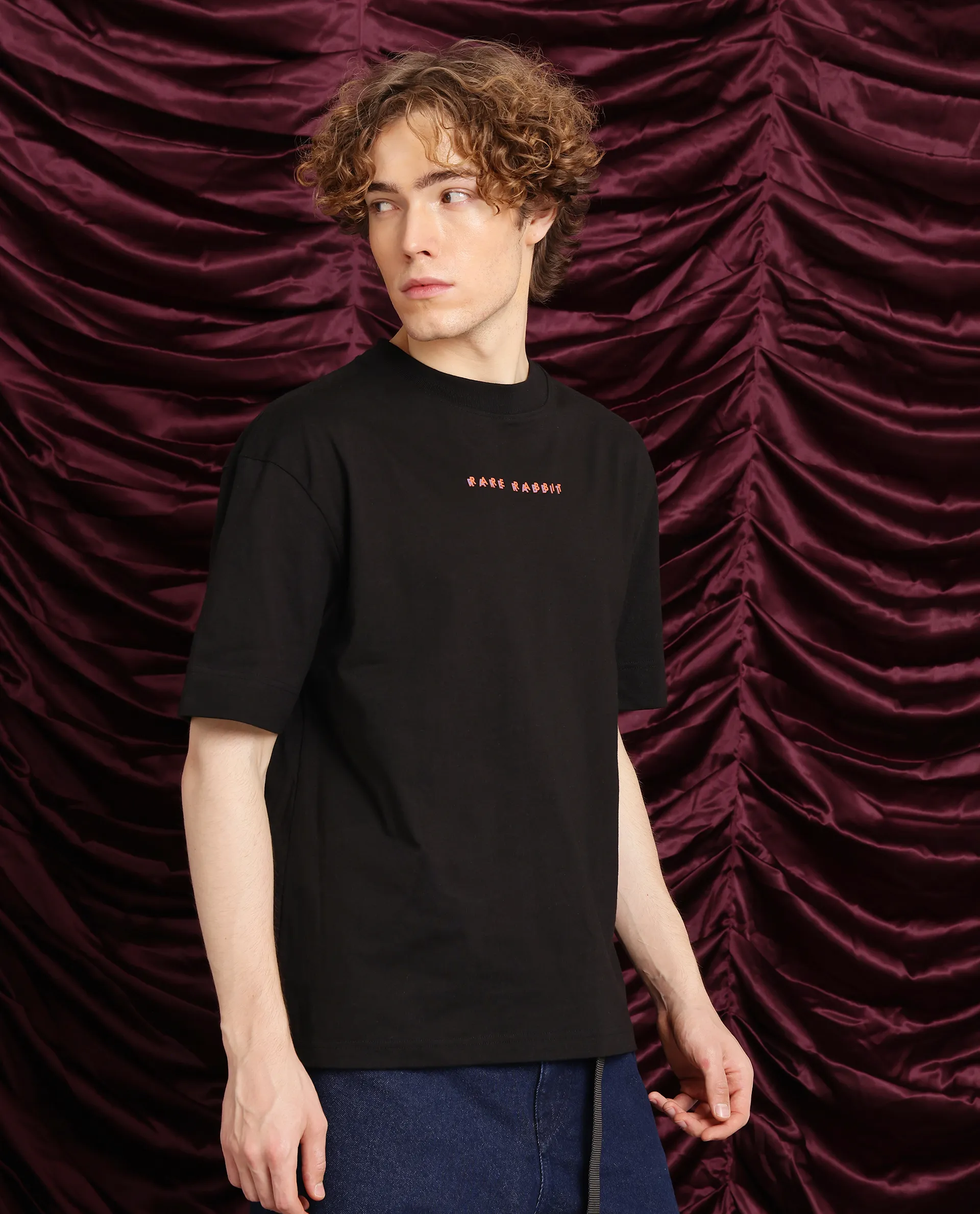Rare Rabbit Men's Elep Black Cotton Graphic Print Oversized Fit Half Sleeve Crew Neck T-Shirt - Image 6