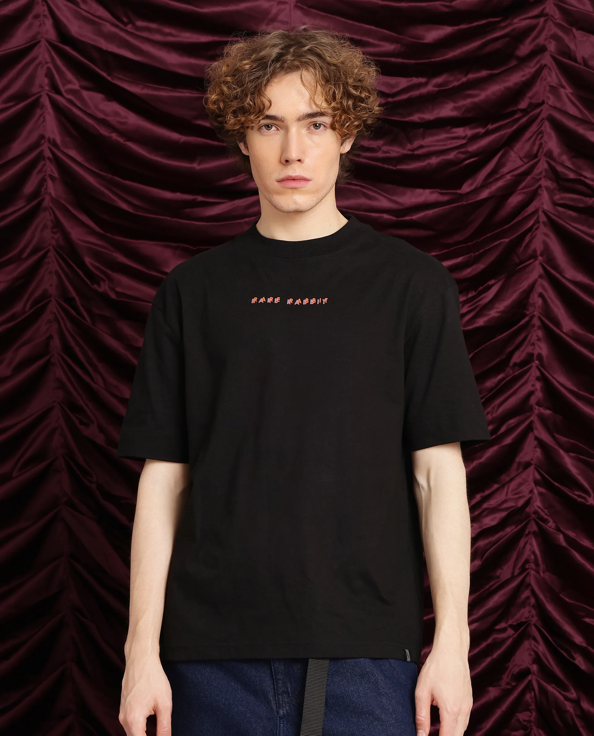 Rare Rabbit Men's Elep Black Cotton Graphic Print Oversized Fit Half Sleeve Crew Neck T-Shirt - Image 9
