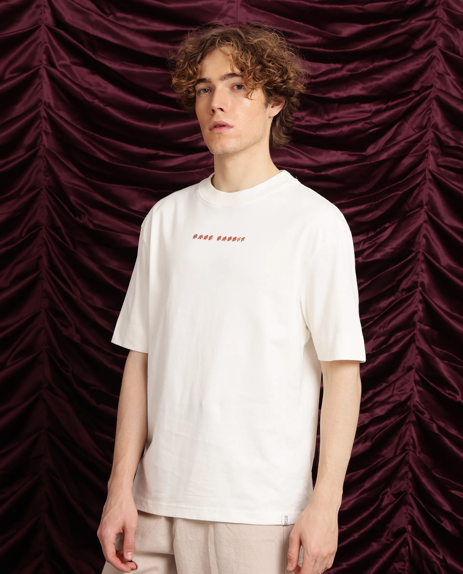 Rare Rabbit Men's Elep Off White Cotton Graphic Print Oversized Fit Half Sleeve Crew Neck T-Shirt - Image 4