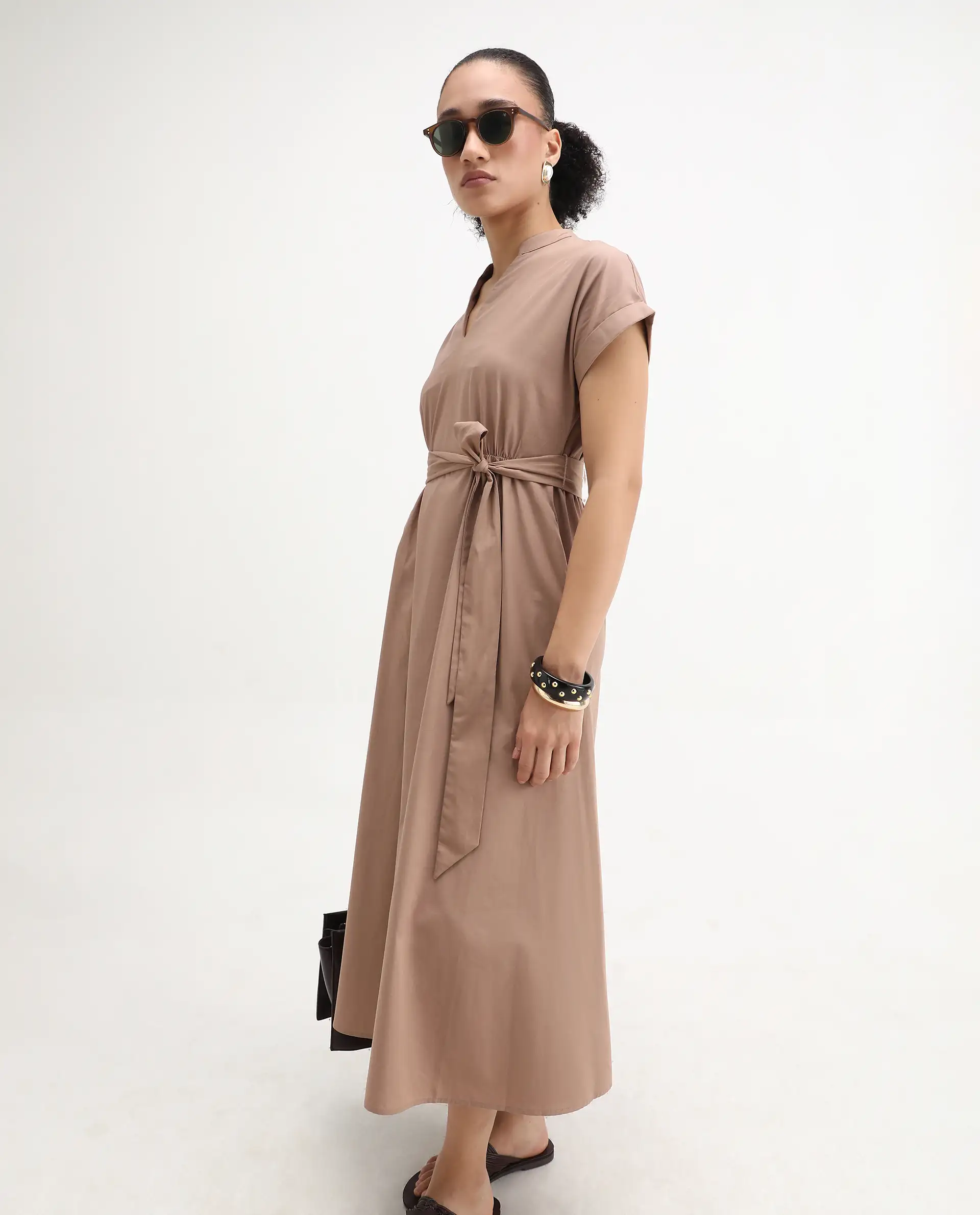 Rareism Women's Eleri Beige Cotton Extended Sleeves Mandarin Collar A-Line Fit Plain Midi Dress - Image 2