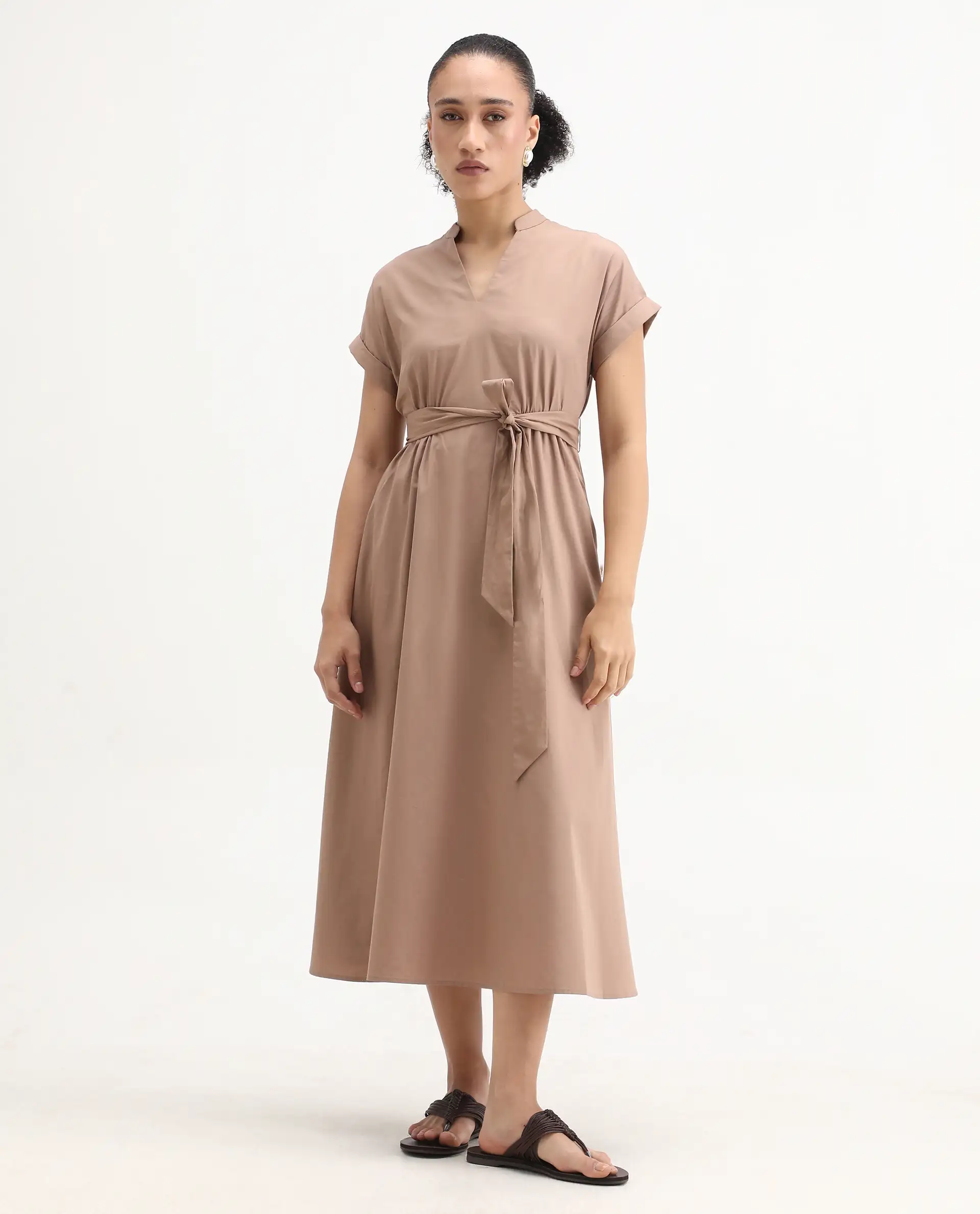 Rareism Women's Eleri Beige Cotton Extended Sleeves Mandarin Collar A-Line Fit Plain Midi Dress - Image 3