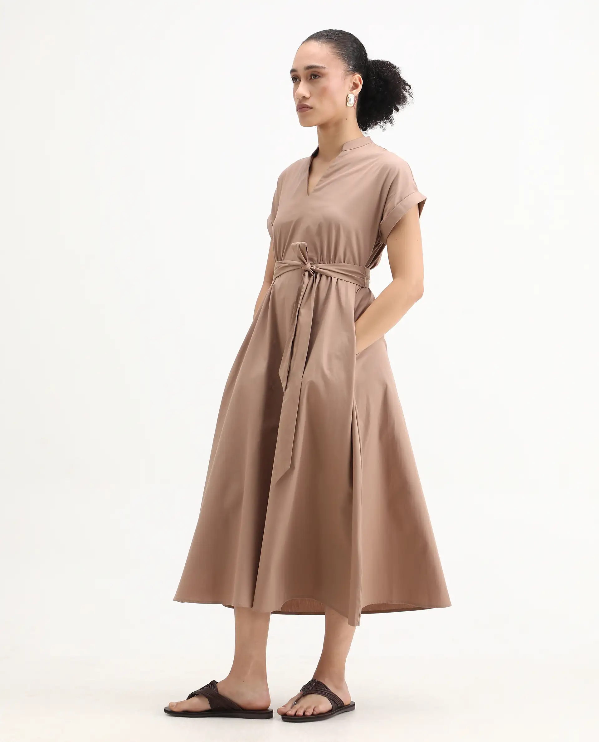 Rareism Women's Eleri Beige Cotton Extended Sleeves Mandarin Collar A-Line Fit Plain Midi Dress - Image 4