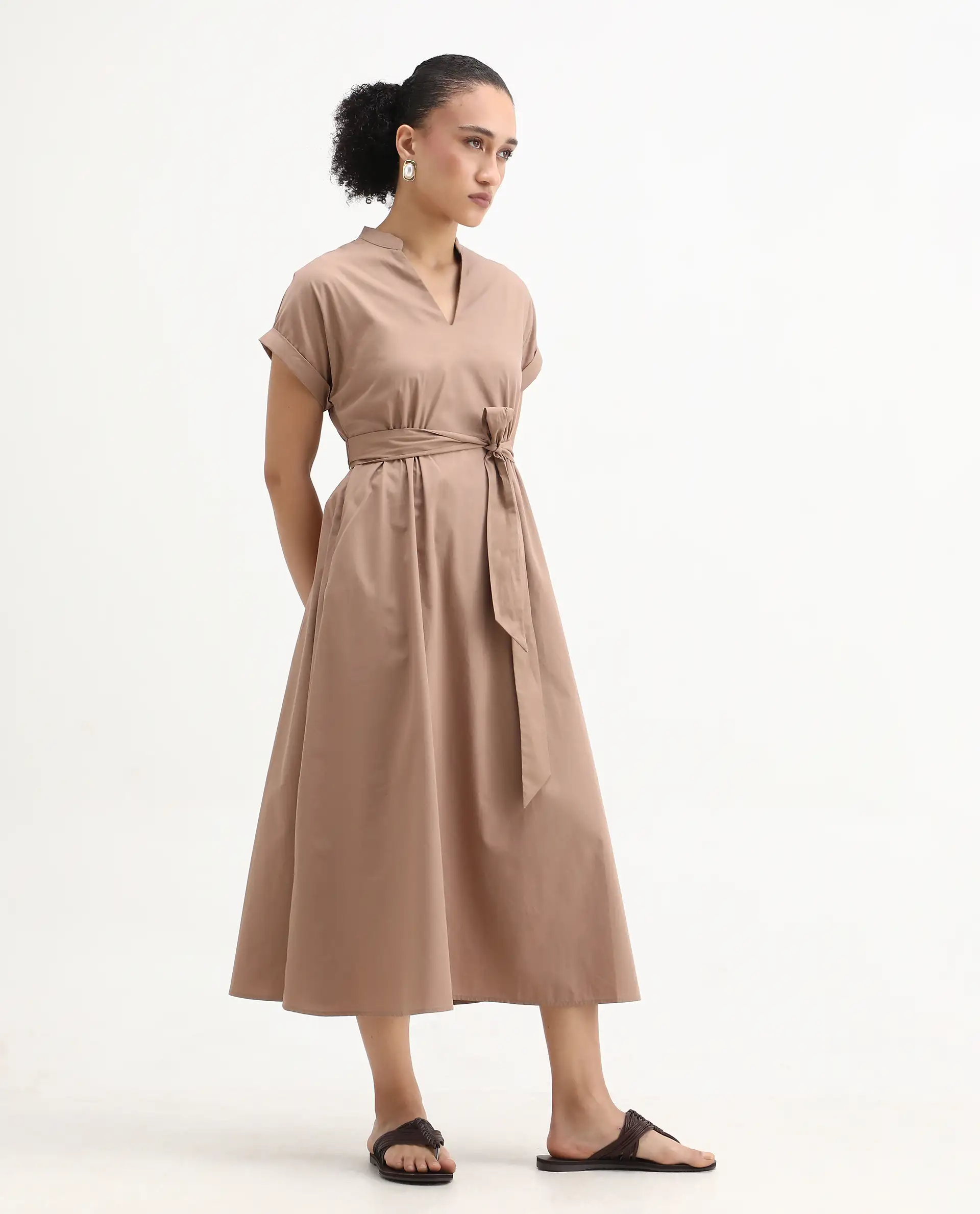 Rareism Women's Eleri Beige Cotton Extended Sleeves Mandarin Collar A-Line Fit Plain Midi Dress - Image 5