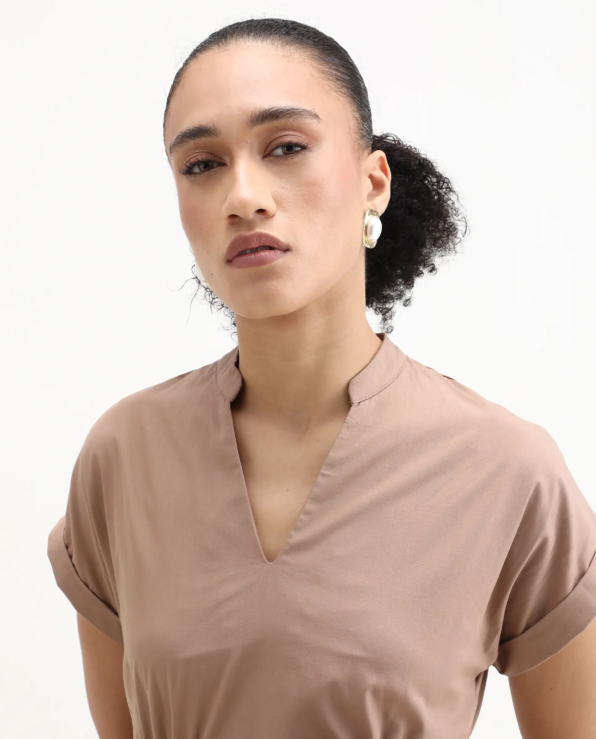 Rareism Women's Eleri Beige Cotton Extended Sleeves Mandarin Collar A-Line Fit Plain Midi Dress - Image 6