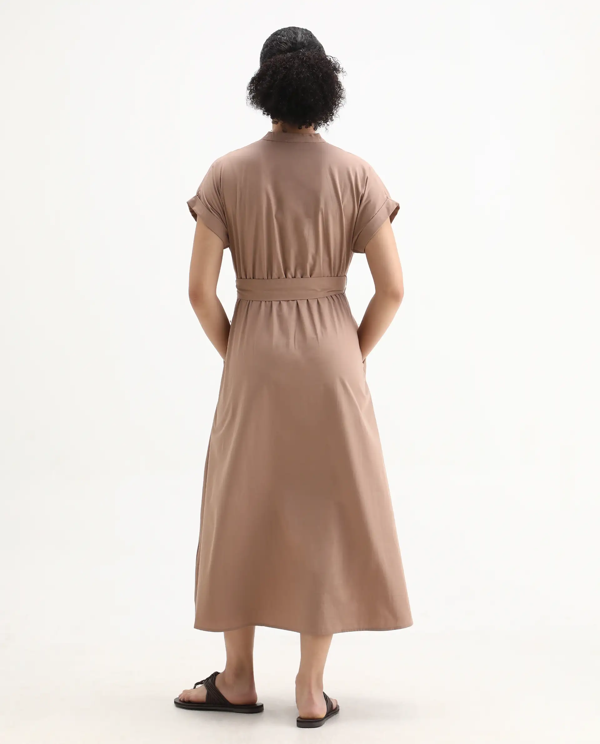 Rareism Women's Eleri Beige Cotton Extended Sleeves Mandarin Collar A-Line Fit Plain Midi Dress - Image 7