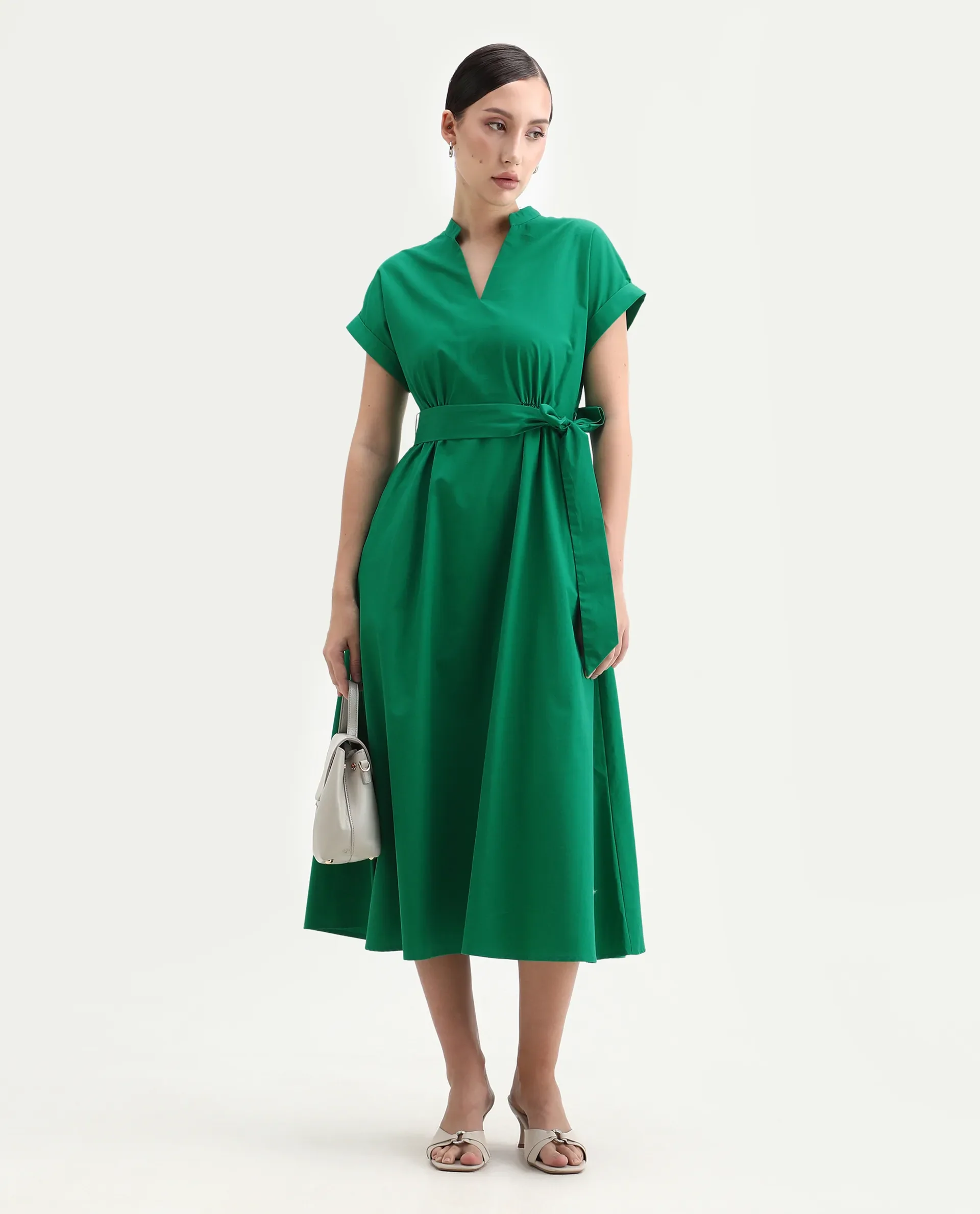 Rareism Women's Eleri Green Cotton Extended Sleeves Mandarin Collar A-Line Fit Plain Midi Dress