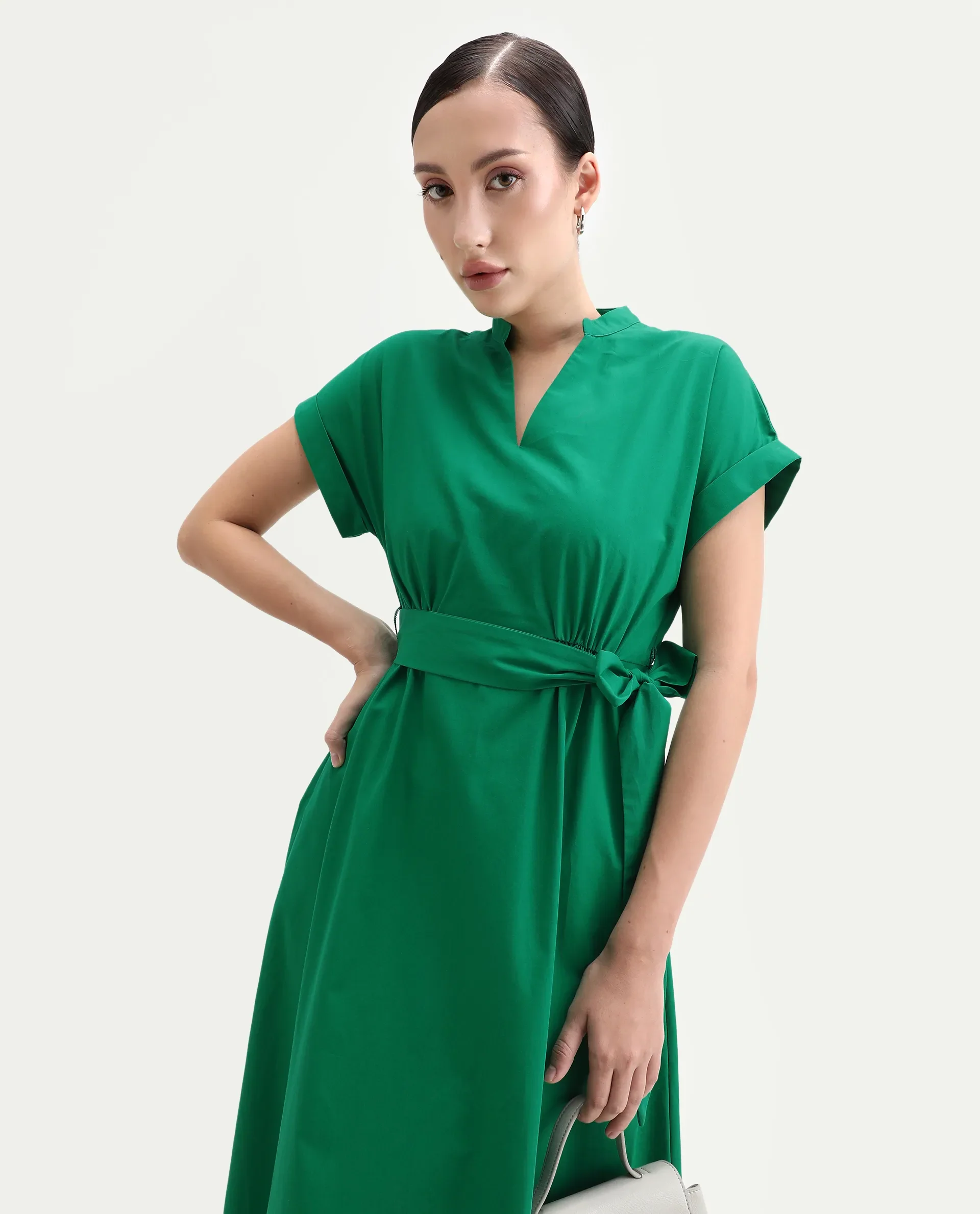 Rareism Women's Eleri Green Cotton Extended Sleeves Mandarin Collar A-Line Fit Plain Midi Dress - Image 2