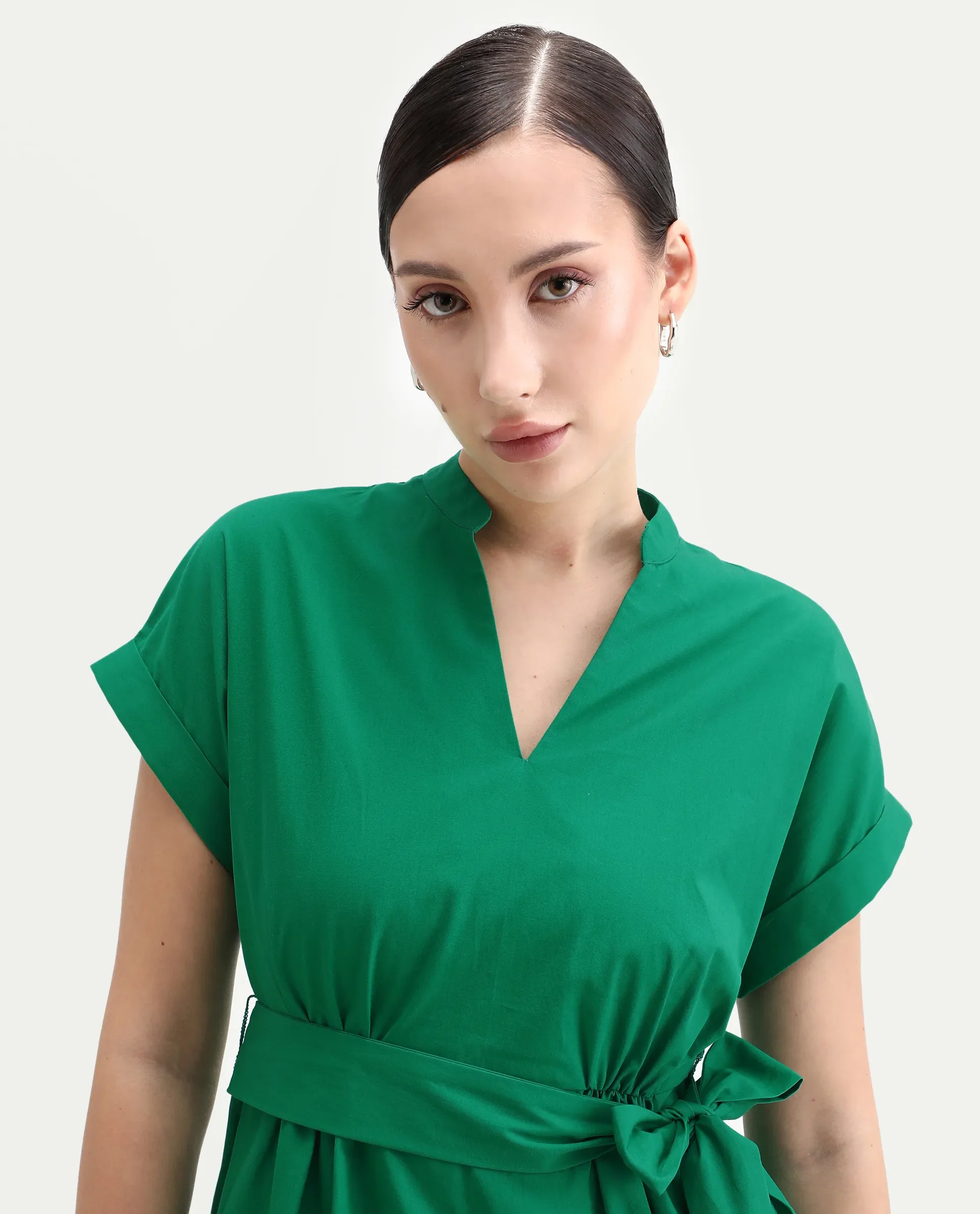 Rareism Women's Eleri Green Cotton Extended Sleeves Mandarin Collar A-Line Fit Plain Midi Dress - Image 3