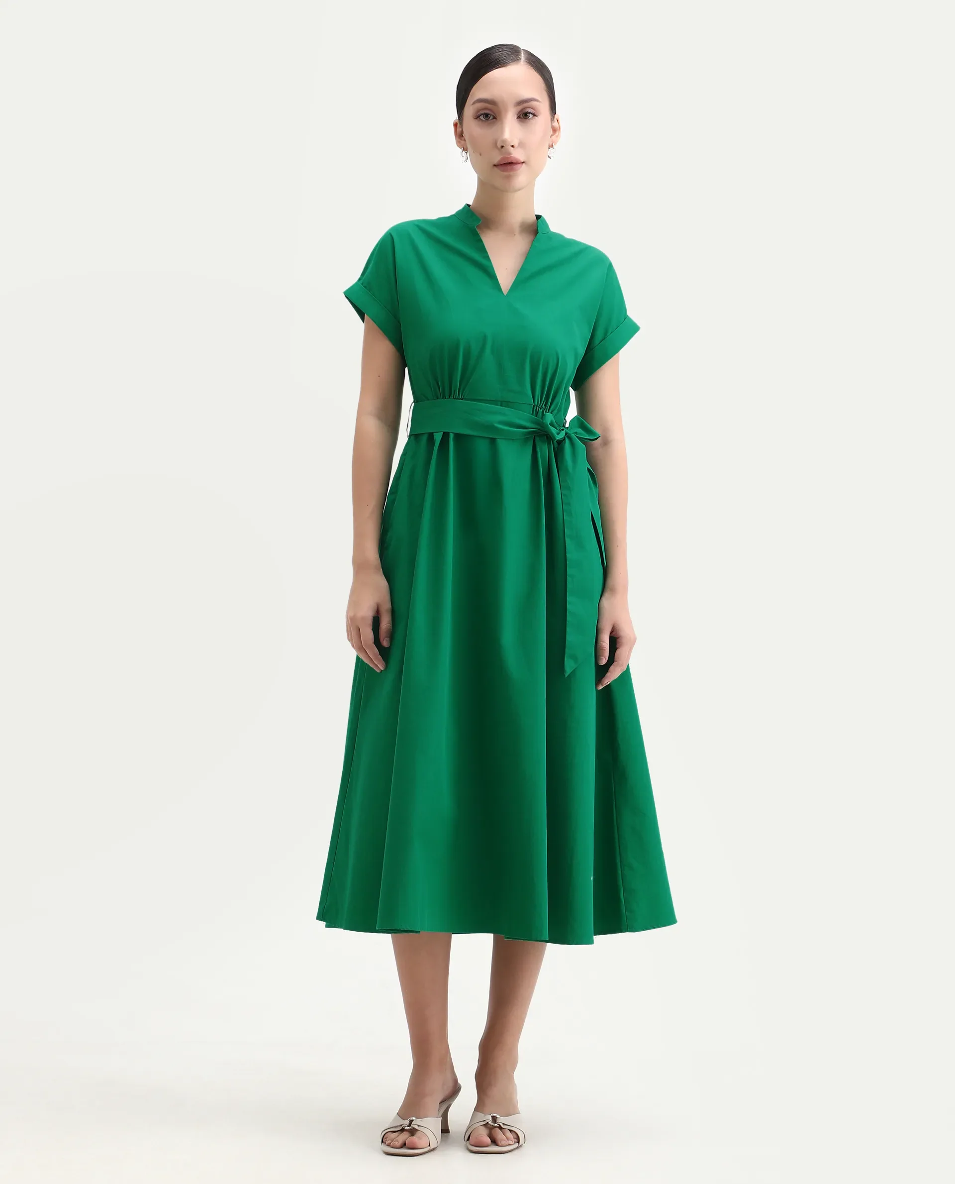 Rareism Women's Eleri Green Cotton Extended Sleeves Mandarin Collar A-Line Fit Plain Midi Dress - Image 4