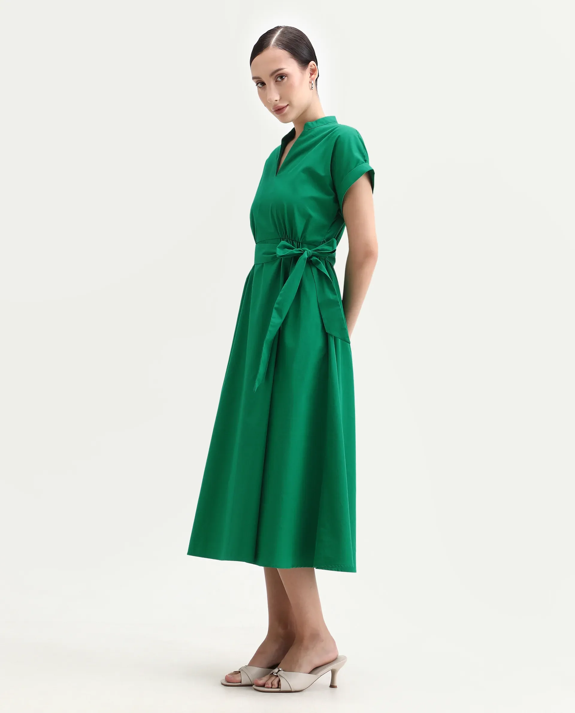 Rareism Women's Eleri Green Cotton Extended Sleeves Mandarin Collar A-Line Fit Plain Midi Dress - Image 5