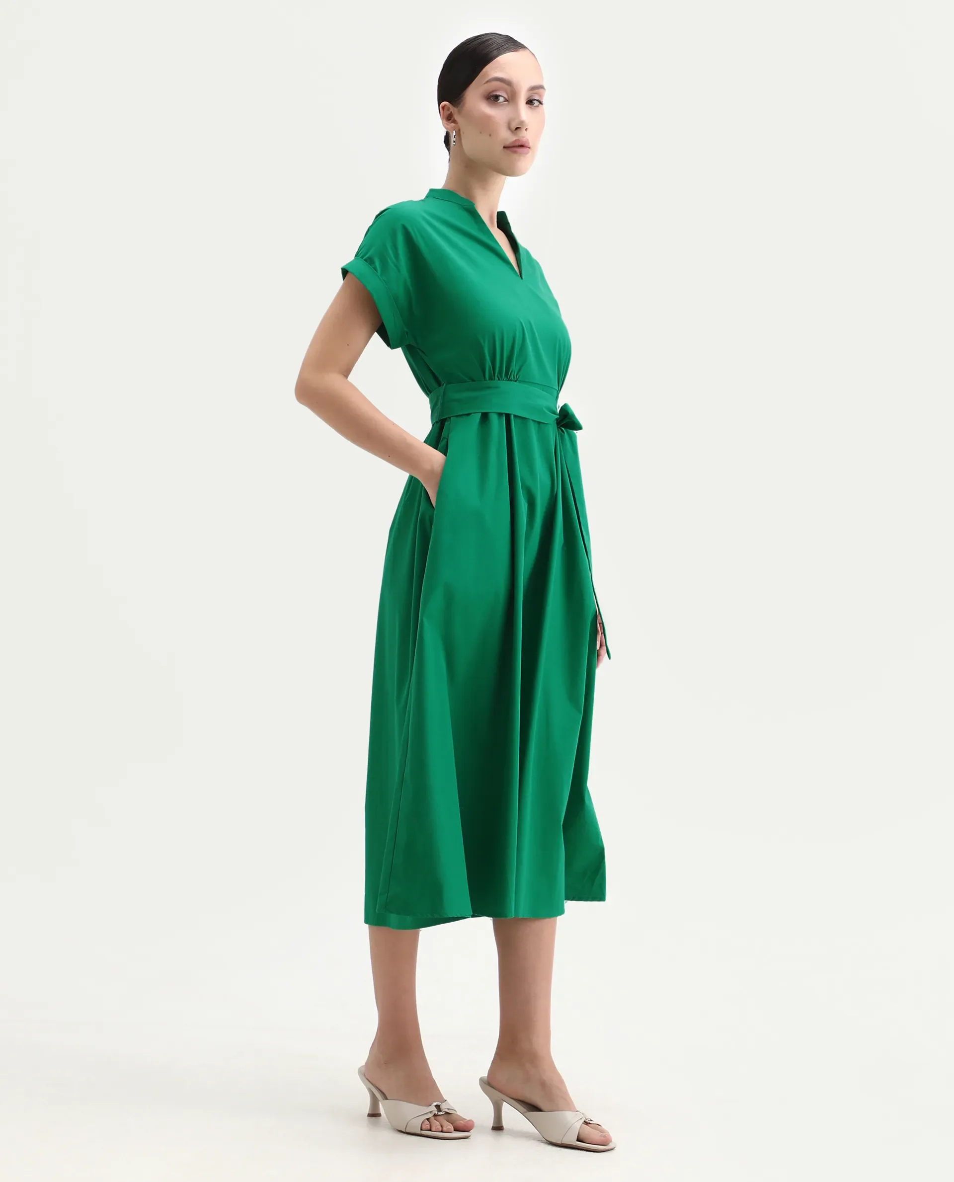 Rareism Women's Eleri Green Cotton Extended Sleeves Mandarin Collar A-Line Fit Plain Midi Dress - Image 6