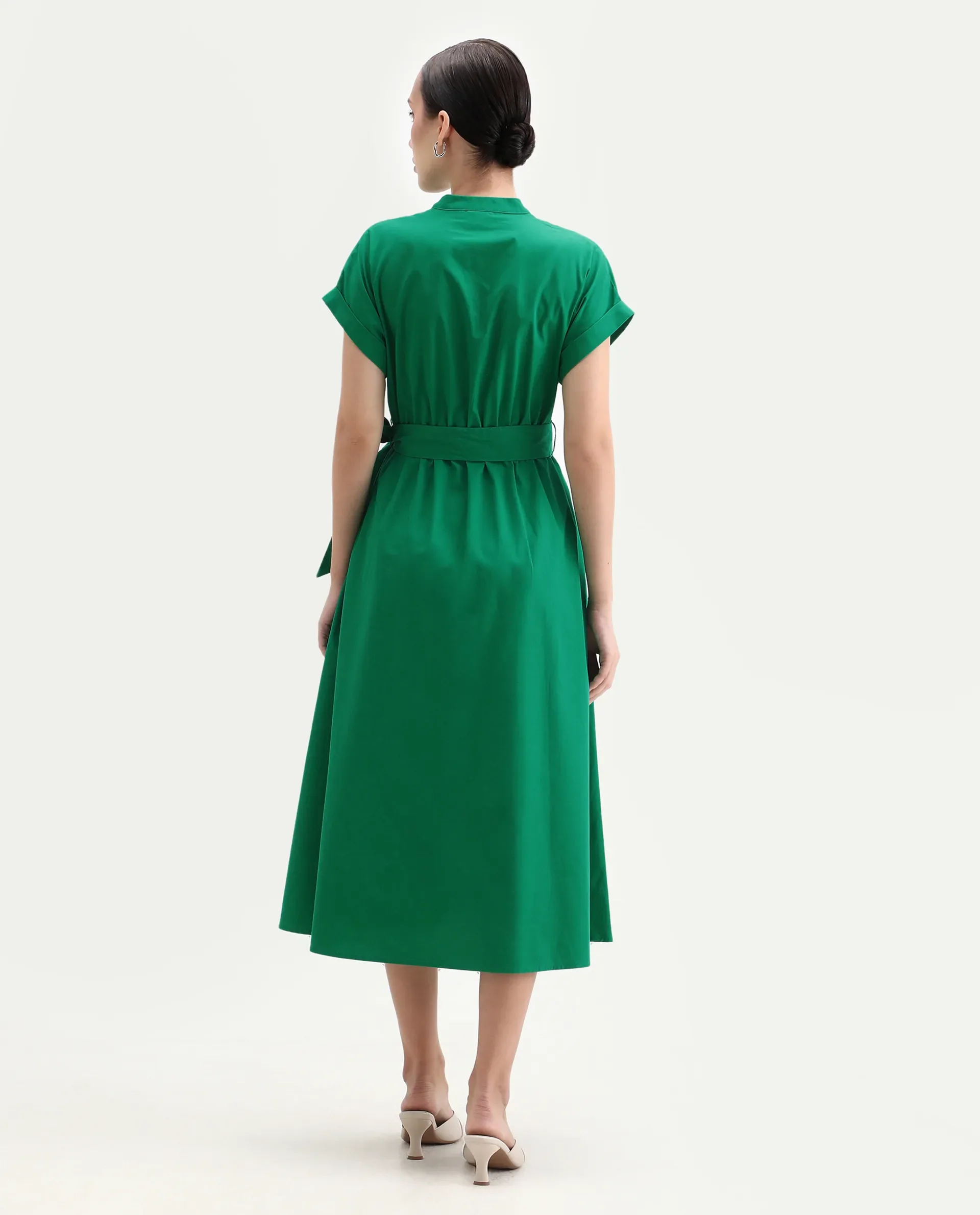 Rareism Women's Eleri Green Cotton Extended Sleeves Mandarin Collar A-Line Fit Plain Midi Dress - Image 7